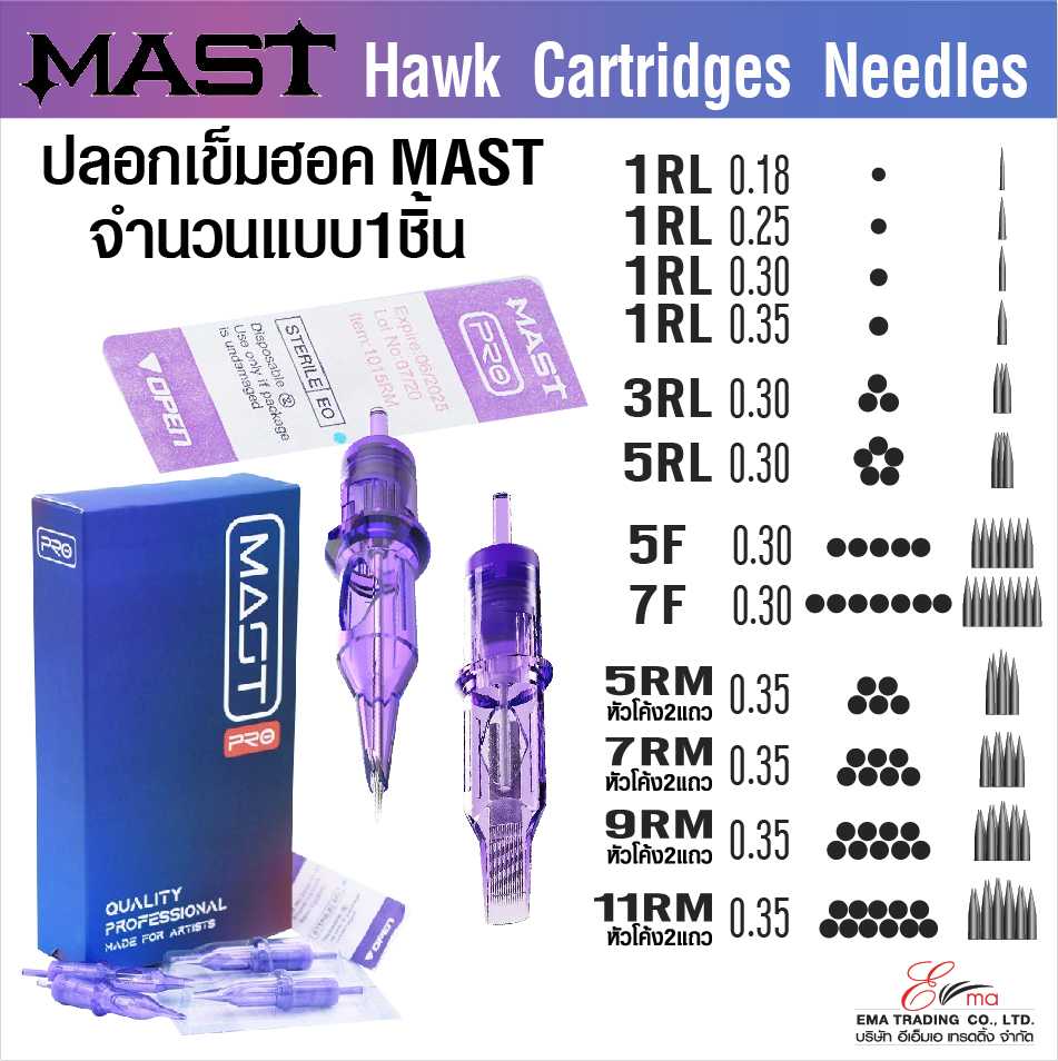 เข็มสักฮอค MAST HAWK มีรุ่น 1RL 3RL 5RL /5 7 9 11RM และ 5F,7F จำหน่ายแบบชิ้น