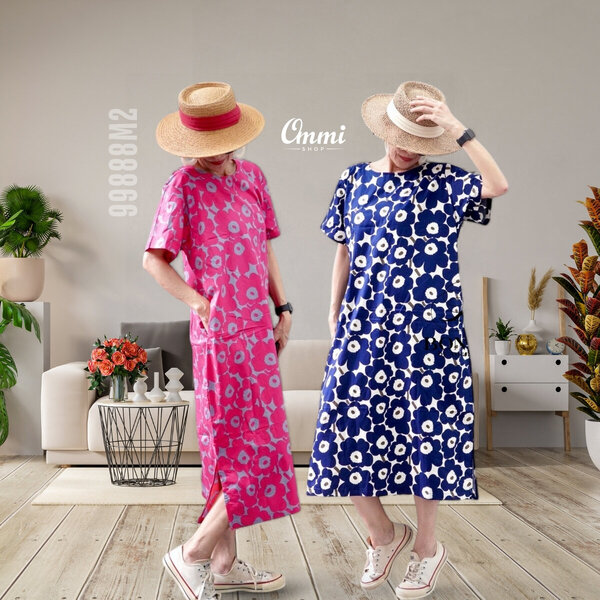 Ommishop 99888M2 ชุดเดรสแฟชั่น คอกลม แต่งผ่าข้าง ลายดอก Mari มารีเมกโกะ Cotton Japan 100% (Bonus)...
