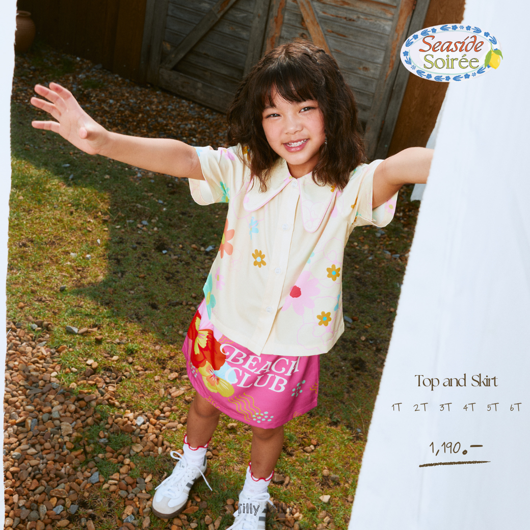 Tilly Milly ชุดเซ็ตเด็กผู้หญิงกระโปรงสั้นลายดอกไม้ (สีครีมชมพู) -Seaside Soirée - Drop 3