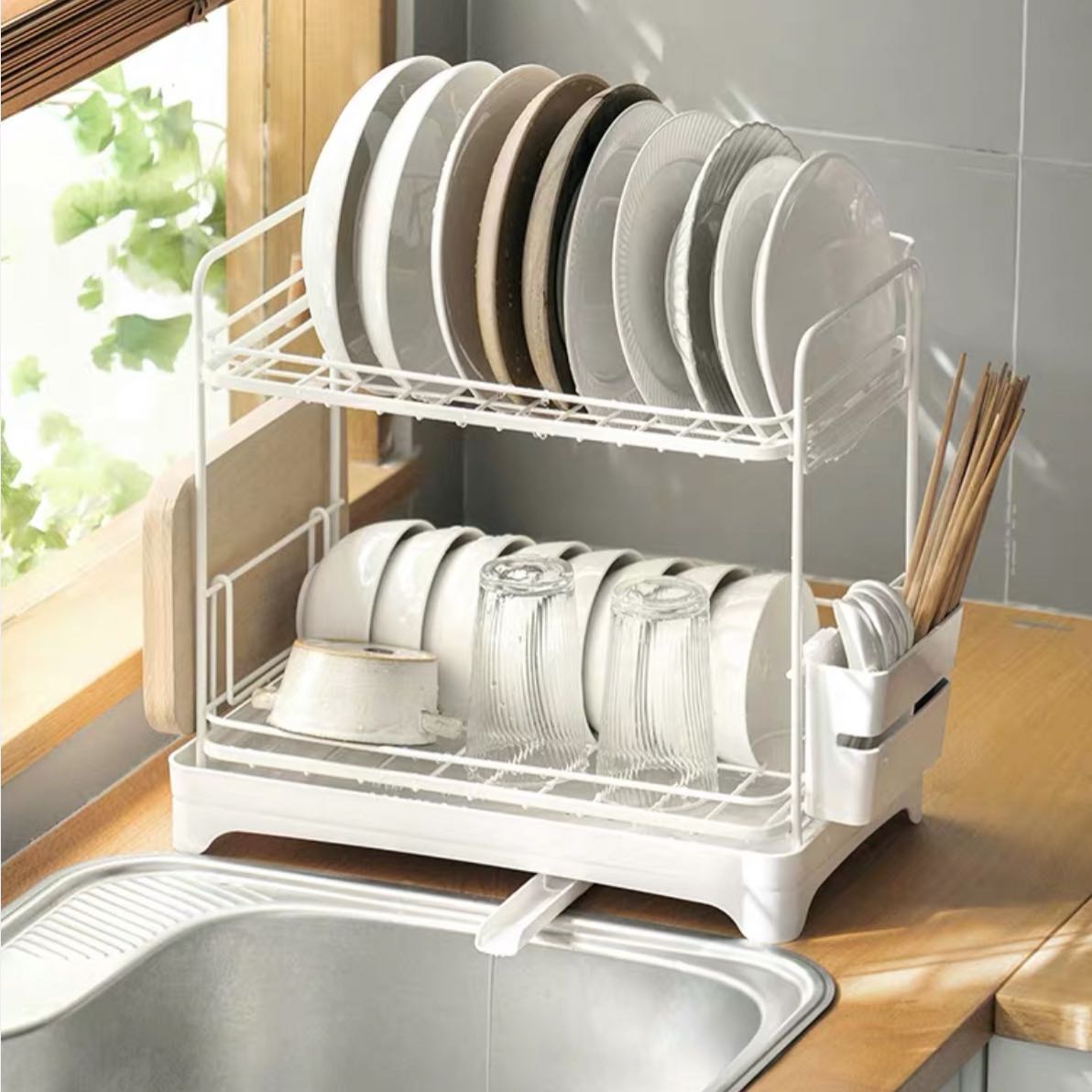 Dishes drain rack ชั้นวางจานสองชั่น พร้อมท่อระบายน้ำปรับได้