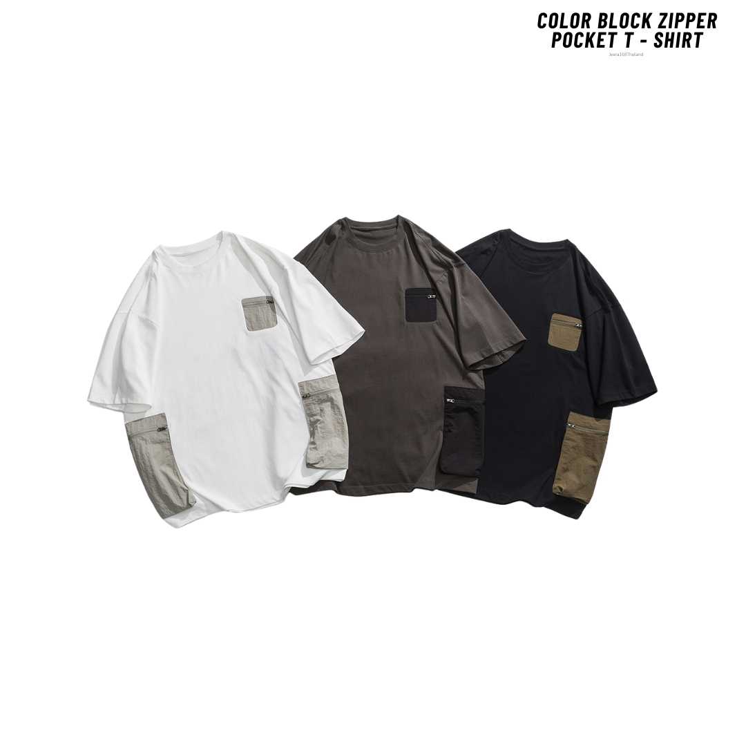 Jeera168 | Color Block Zipper Pocket T-Shirt (พรีออเดอร์)