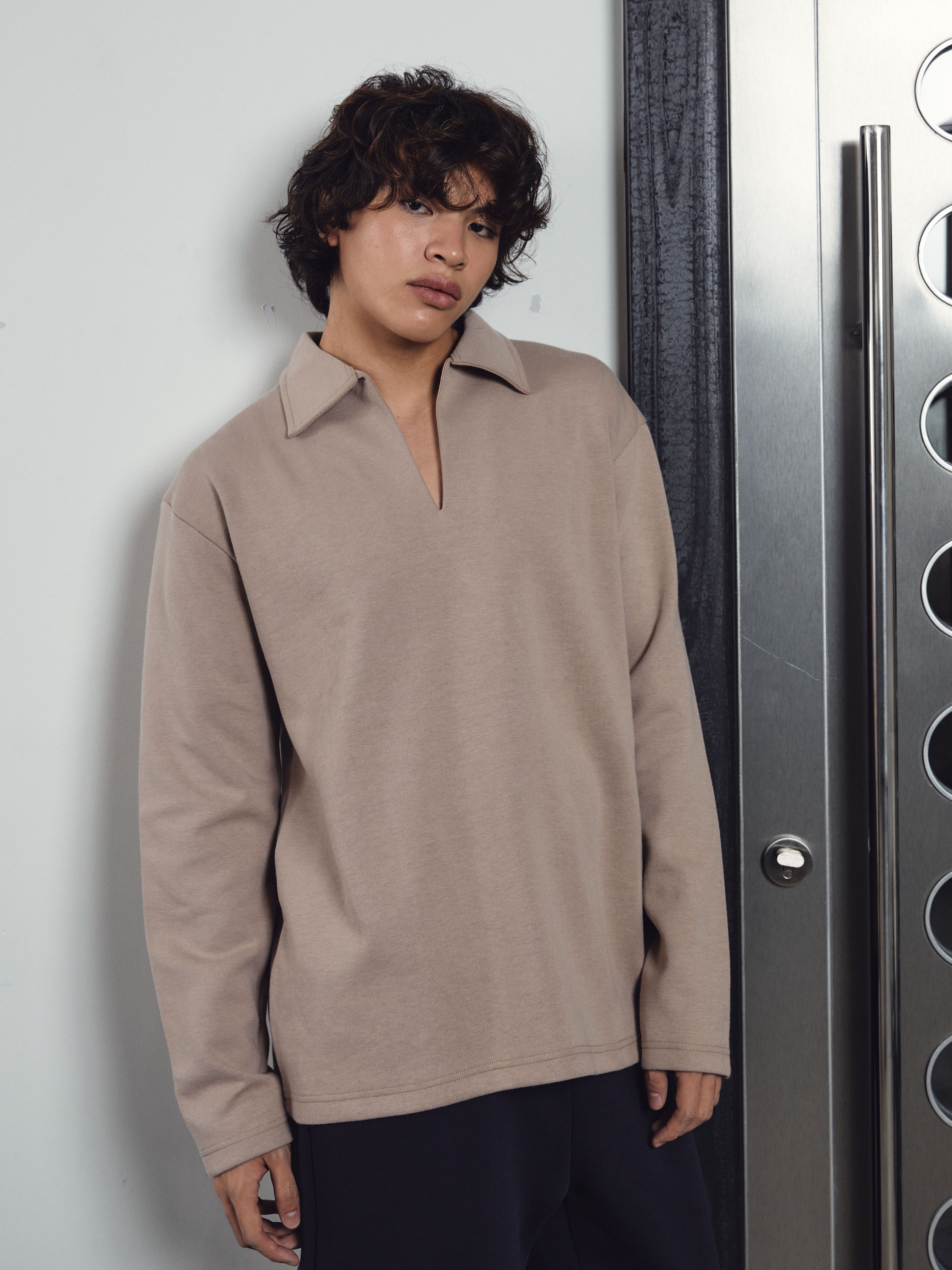 Beige V Neck Long Sleeve Shirt