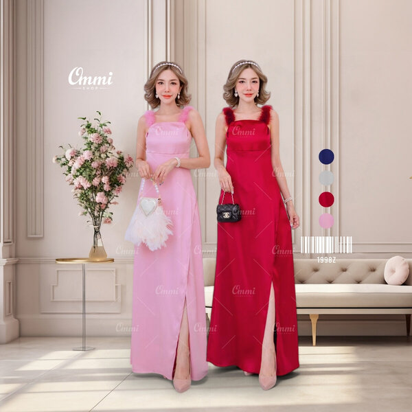 Ommishop ชุดราตรี 1999Z สายเดี่ยวแต่งขนนก ผ้าซาร่าเงา เดรสออกงาน ชุดงานแต่ง เพื่อนเจ้าสาว