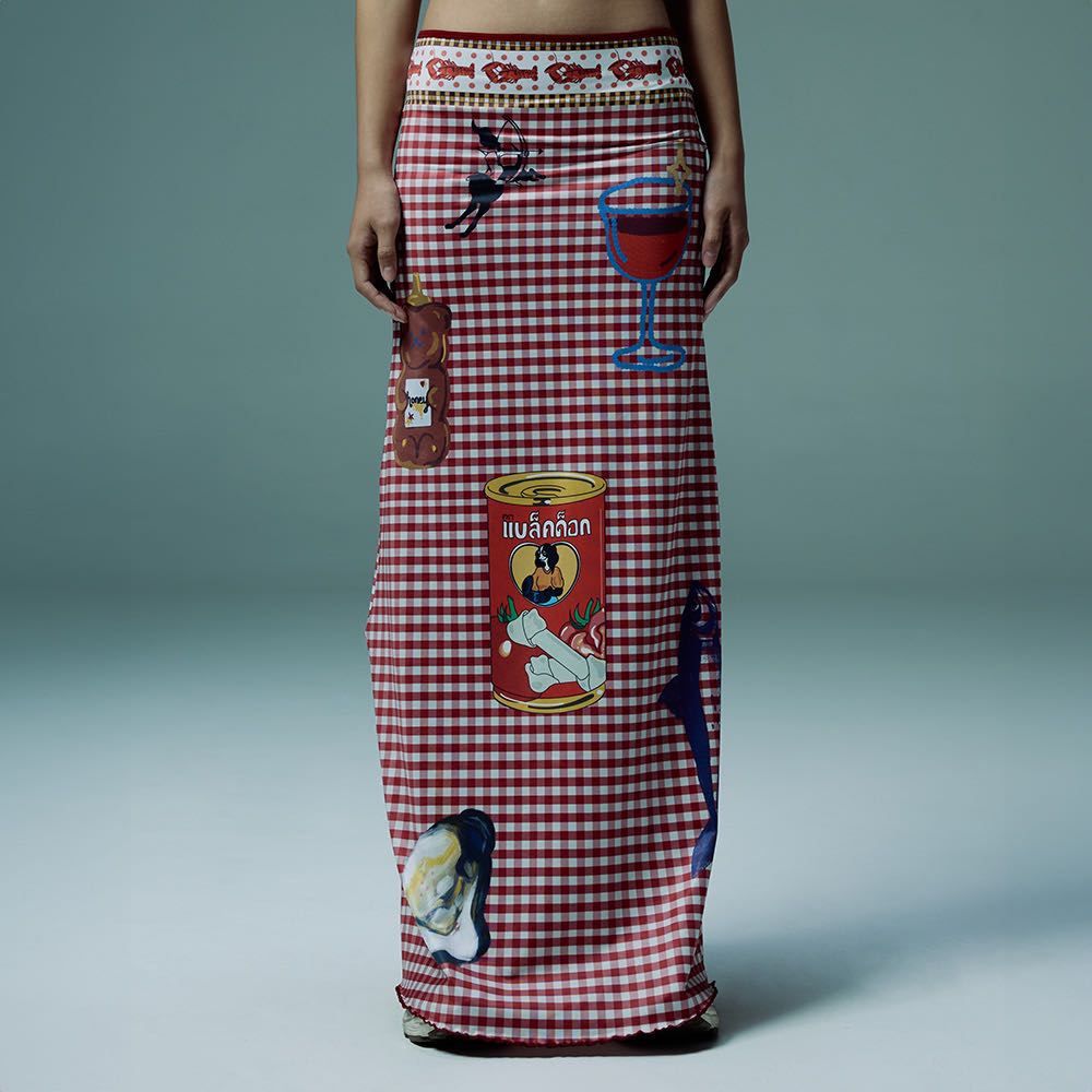 BLACKDOG BKK - RS2409 - Fish check printed skirt - กระโปรงผ้ายืดพิมพ์ลาย