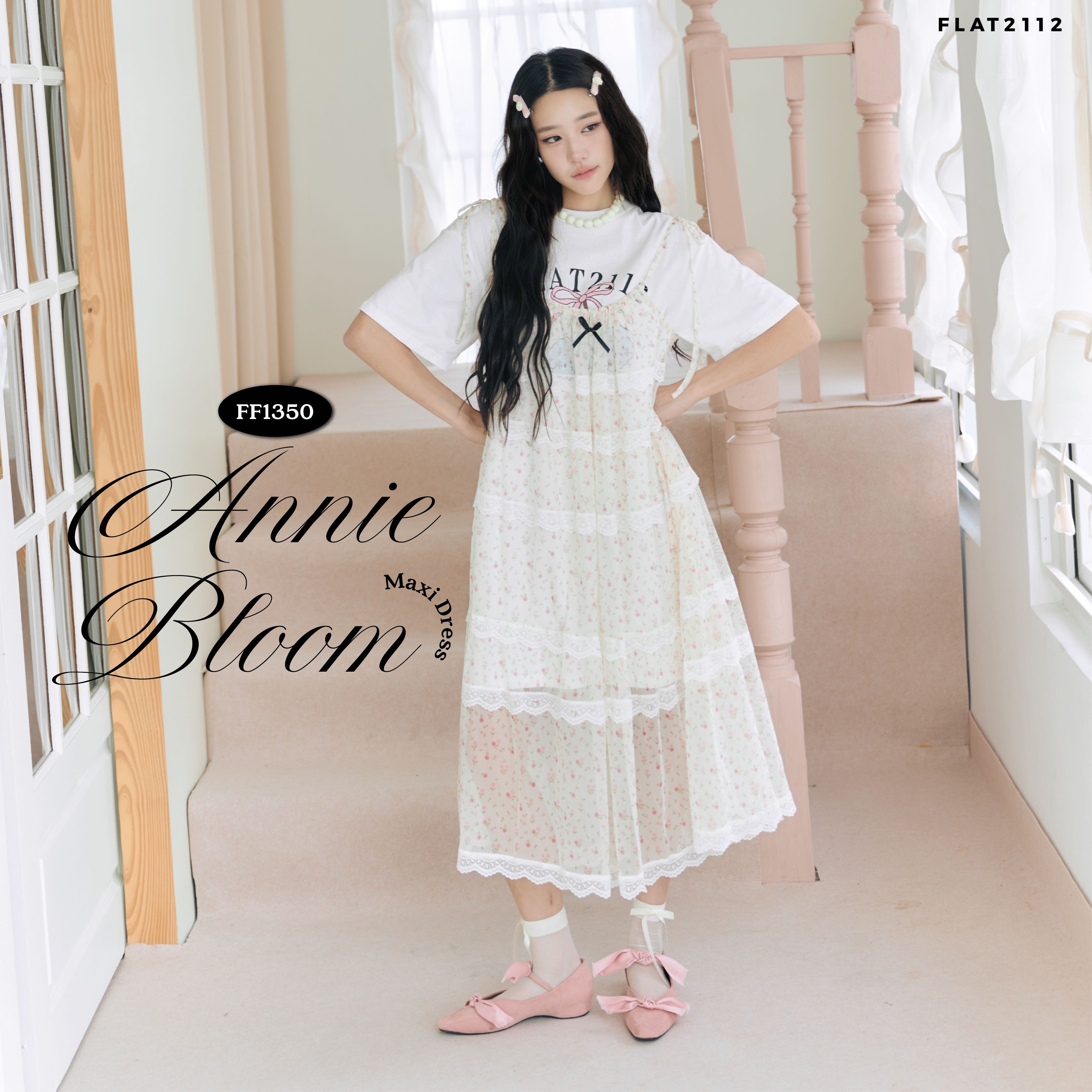FLAT2112 : ANNIE BLOOM MAXI DRESS เดรสยาวเลเยอร์เสื้อยืด เดรสลูกไม้ระบายชั้น เดรสสายเดี่ยว (FF1350)