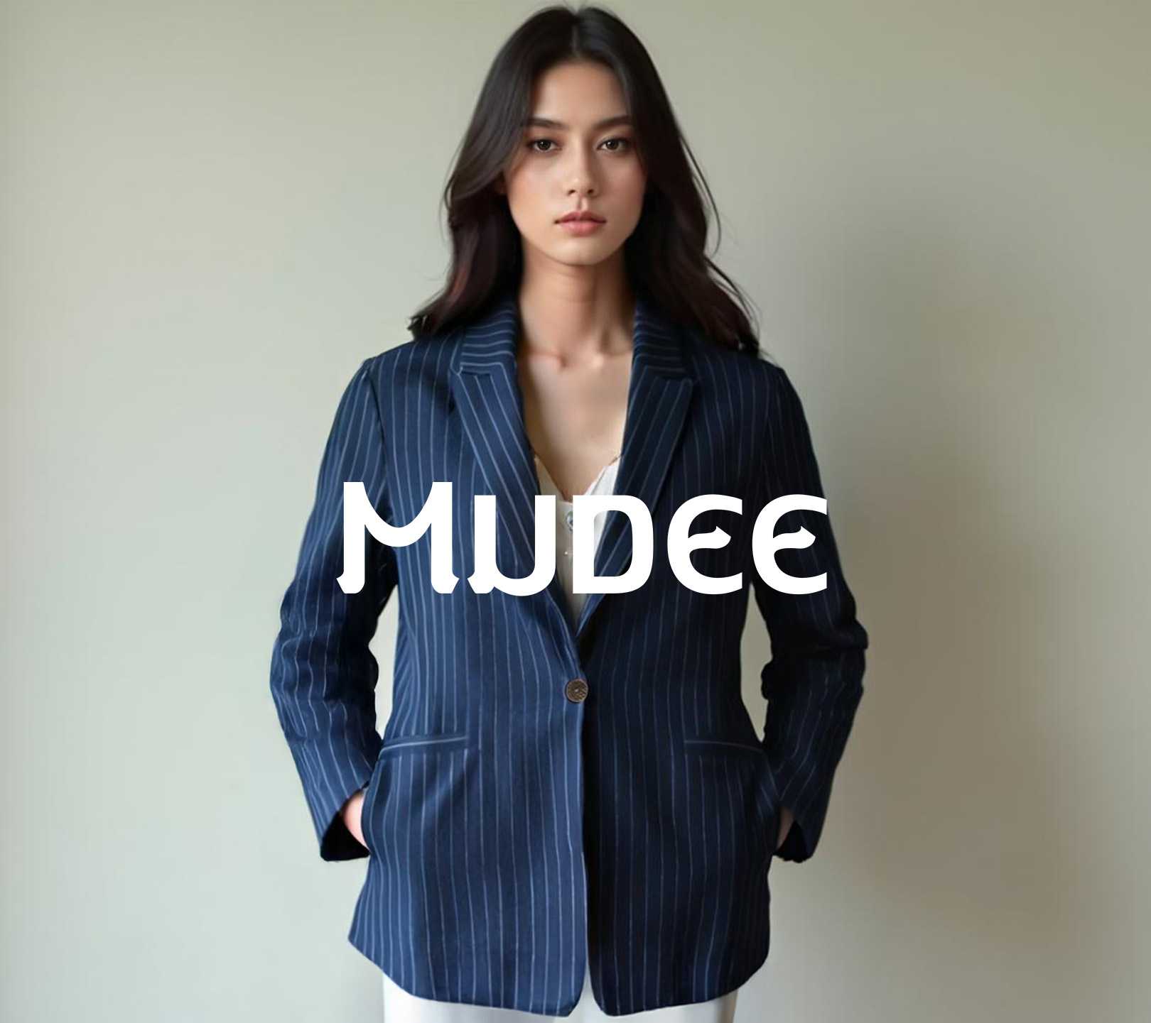 เสื้อสูทลินิน สีกรมริ้วขาว Blazer Linen Navy White Striped