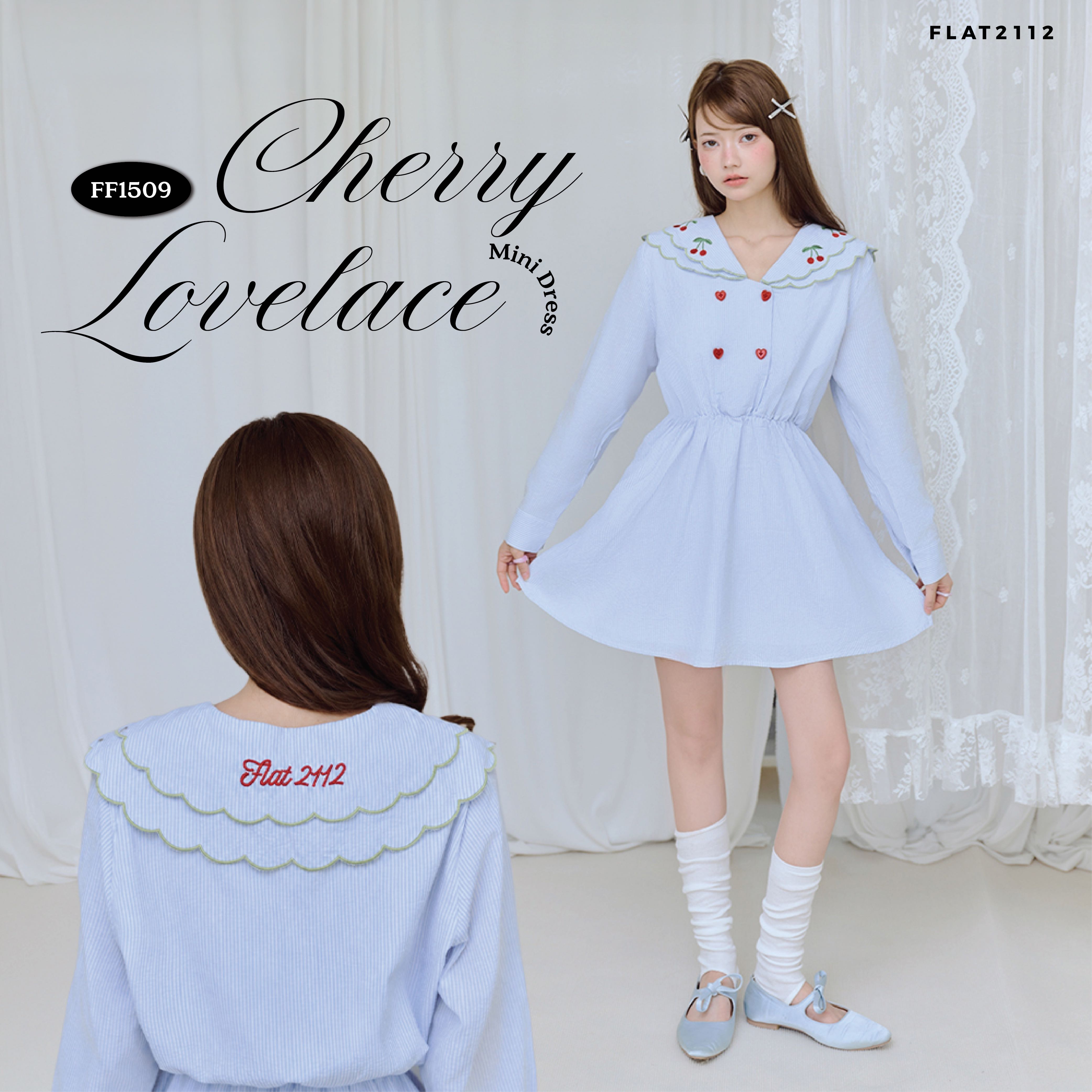 FLAT2112 : CHERRY LOVELACE MINI DRESS เดรสลูกคุณหนูสีฟ้าสายหวาน คอปกเชอร์รี่ (FF1509)