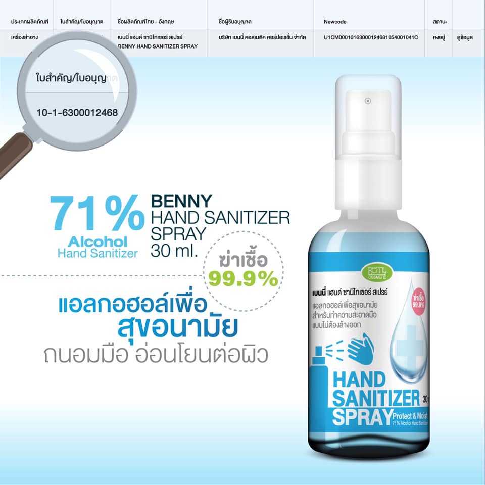 BENNY HAND SANITIZER SPRAY 30 ml. เบนนี แฮนด์ ซานิไทเซอร์ สเปรย์ ขนาดบรรจุ 30 มิลลิลิตร