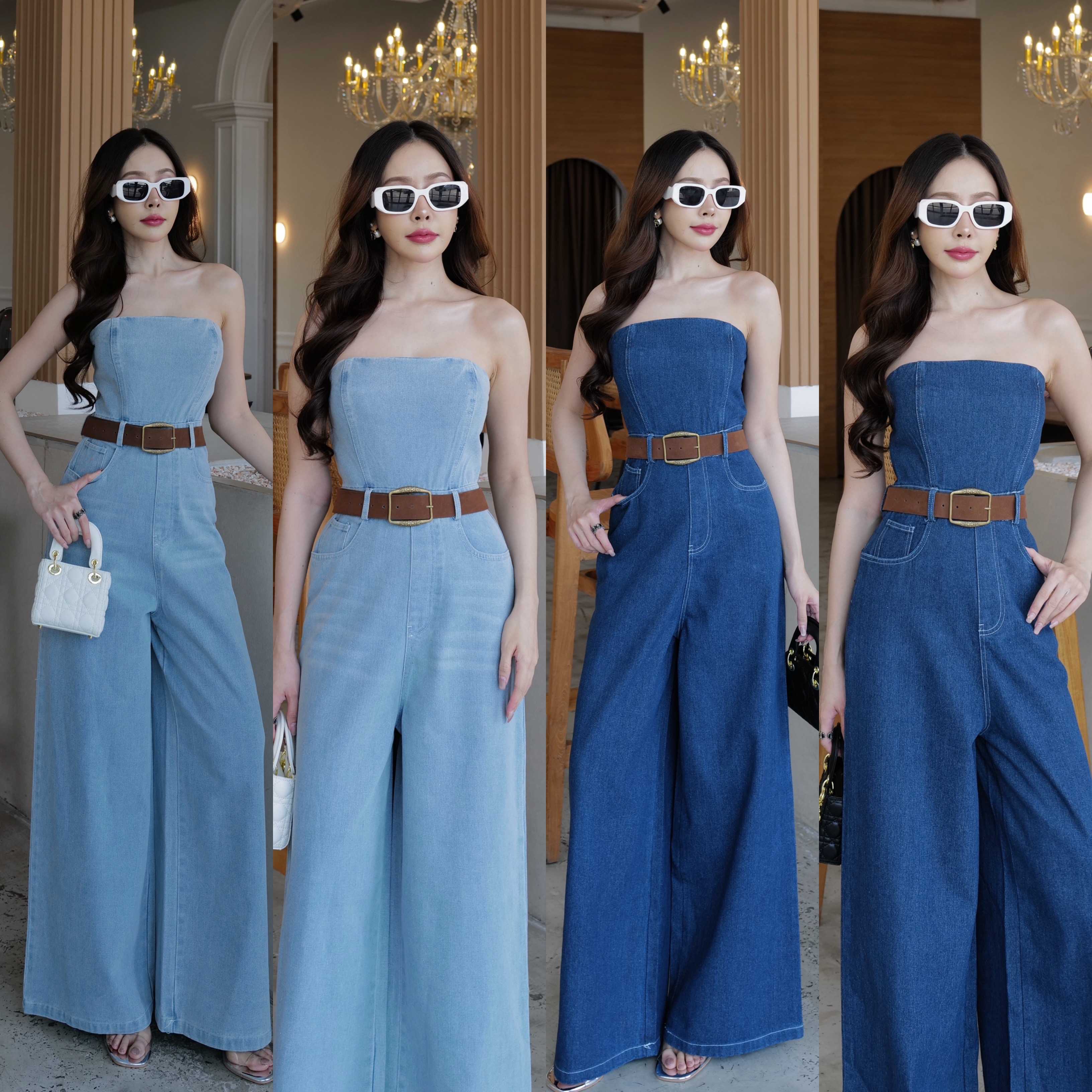 Strapless Denim Jumpsuit จั๊มขายาวยีนส์เกาะอก+เข็มขัด