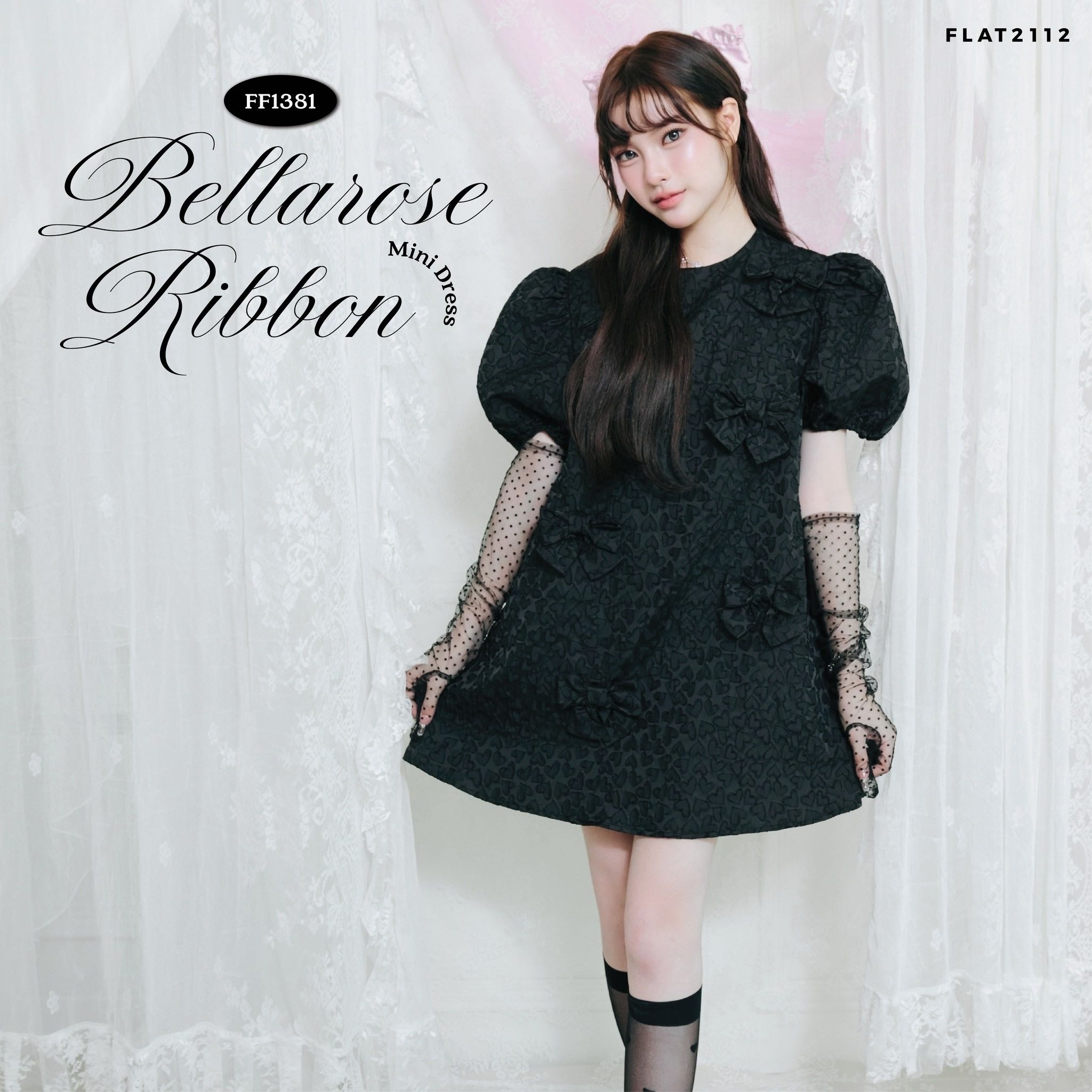 FLAT2112 : BELLAROSE RIBBON MINI DRESS เดรสสั้นหวานแต่เท่ แขนพัฟสไตล์เกาหลี เดรสผู้หญิง (FF1381)