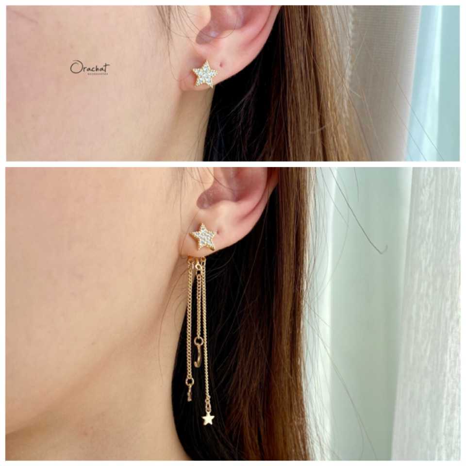 💢Clearance💢 Golden shooting star java earrings. (ต่างหูแบบติดหู + ทับหลัง งานชุบทองคำขาว เพชร CZ)
