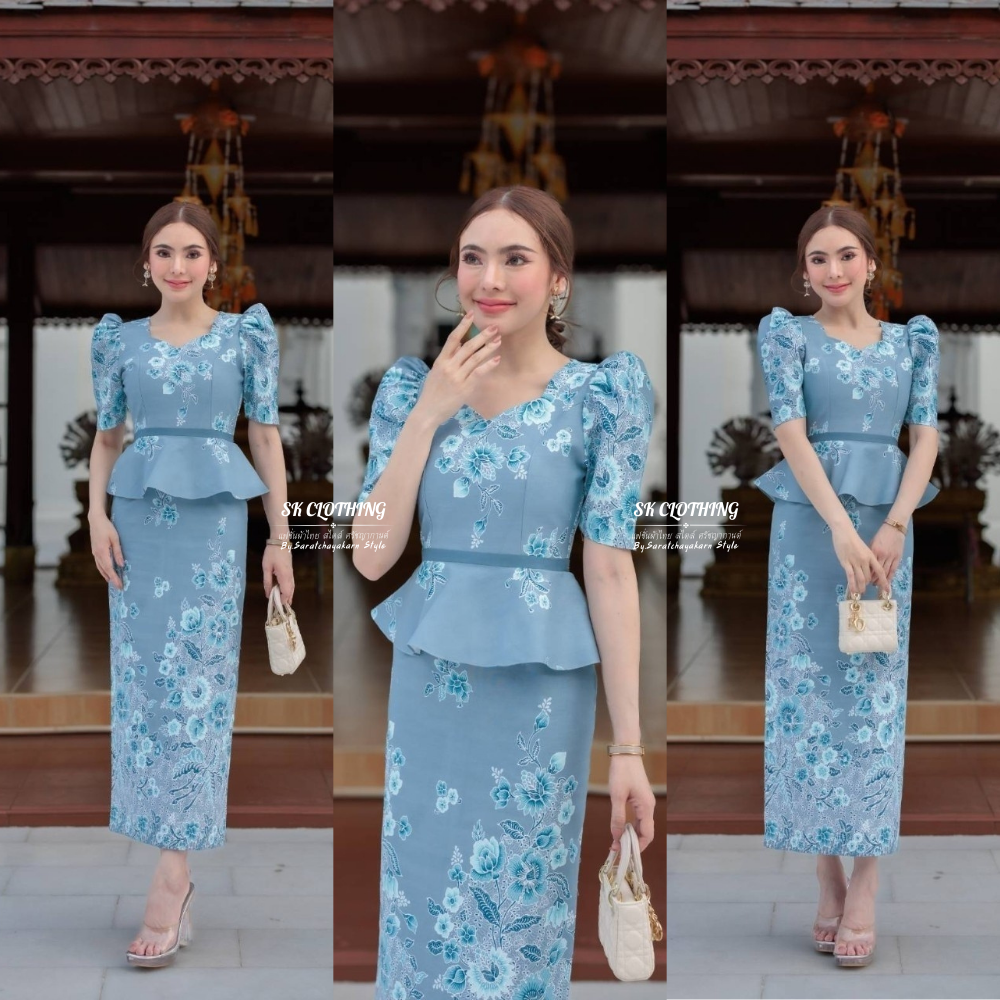 ชุดเดรสผ้าไทย ชุดเดรสผ้าปาเต๊ะ เดรสยาว 48 นิ้ว คอหัวใจ แขนศอก เอวระบาย ลายผ้าสวยมาก อัดกาวทั้งชุด