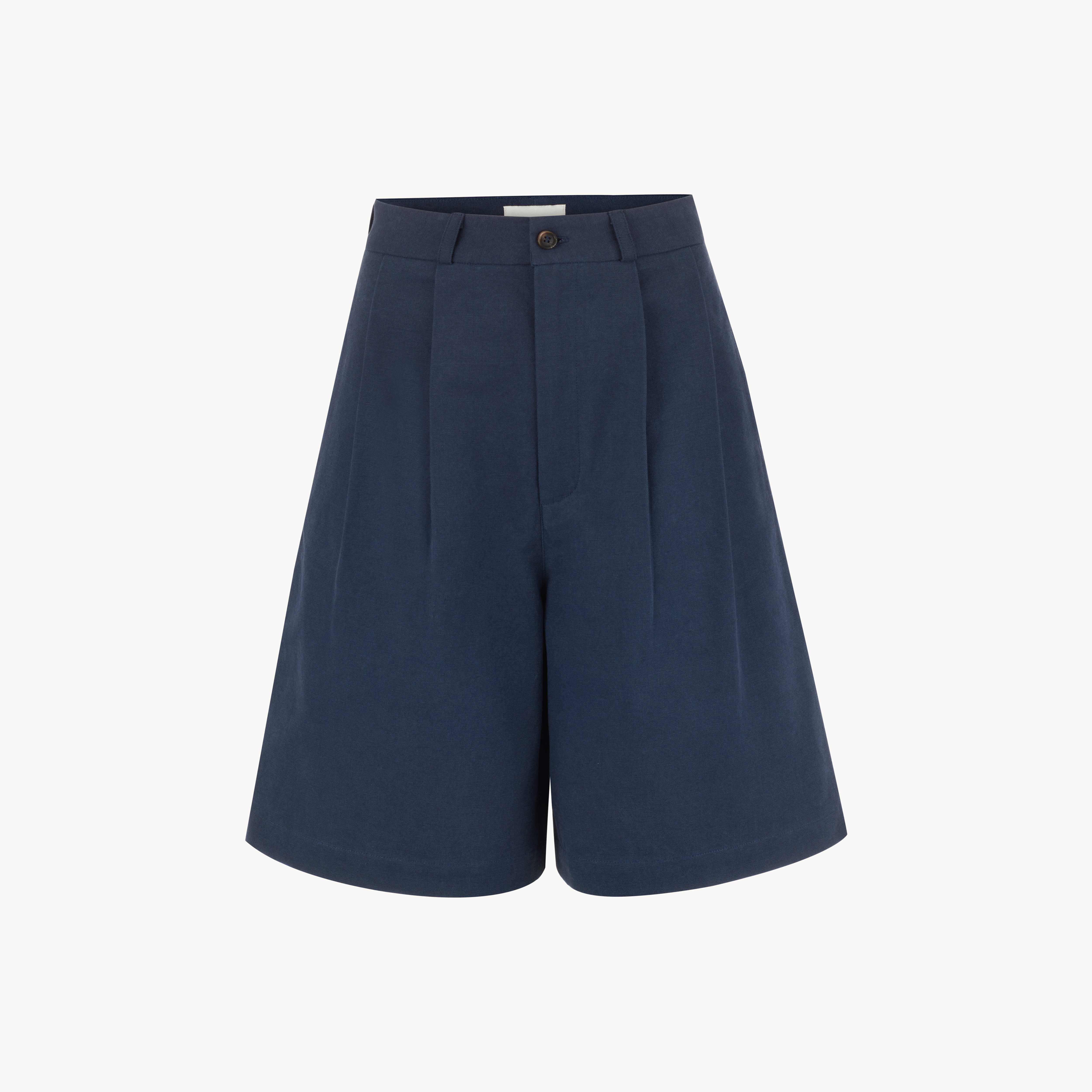 Double Pleated Long Shorts Navy Washed Canvas