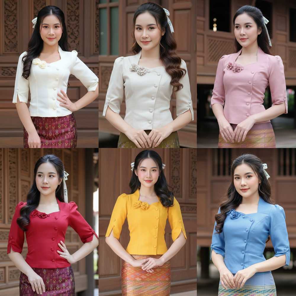 เสื้อผ้าไหมลาว ดีเทลคอห้าเหลี่ยม แขนศอกระบาย แต่งกระดุม 2 เม็ด งานเข้ารูปเข้าทรงสวยมาก