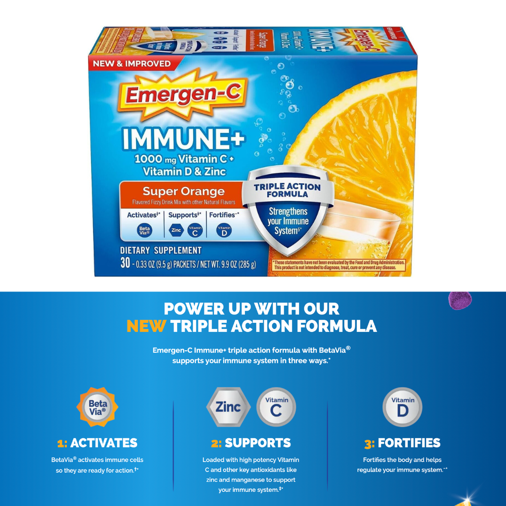 Emergen-C Immune+ Triple Action with BetaVita - Pack of 30 รส Super Orange จากอเมริกา พร้อมส่ง