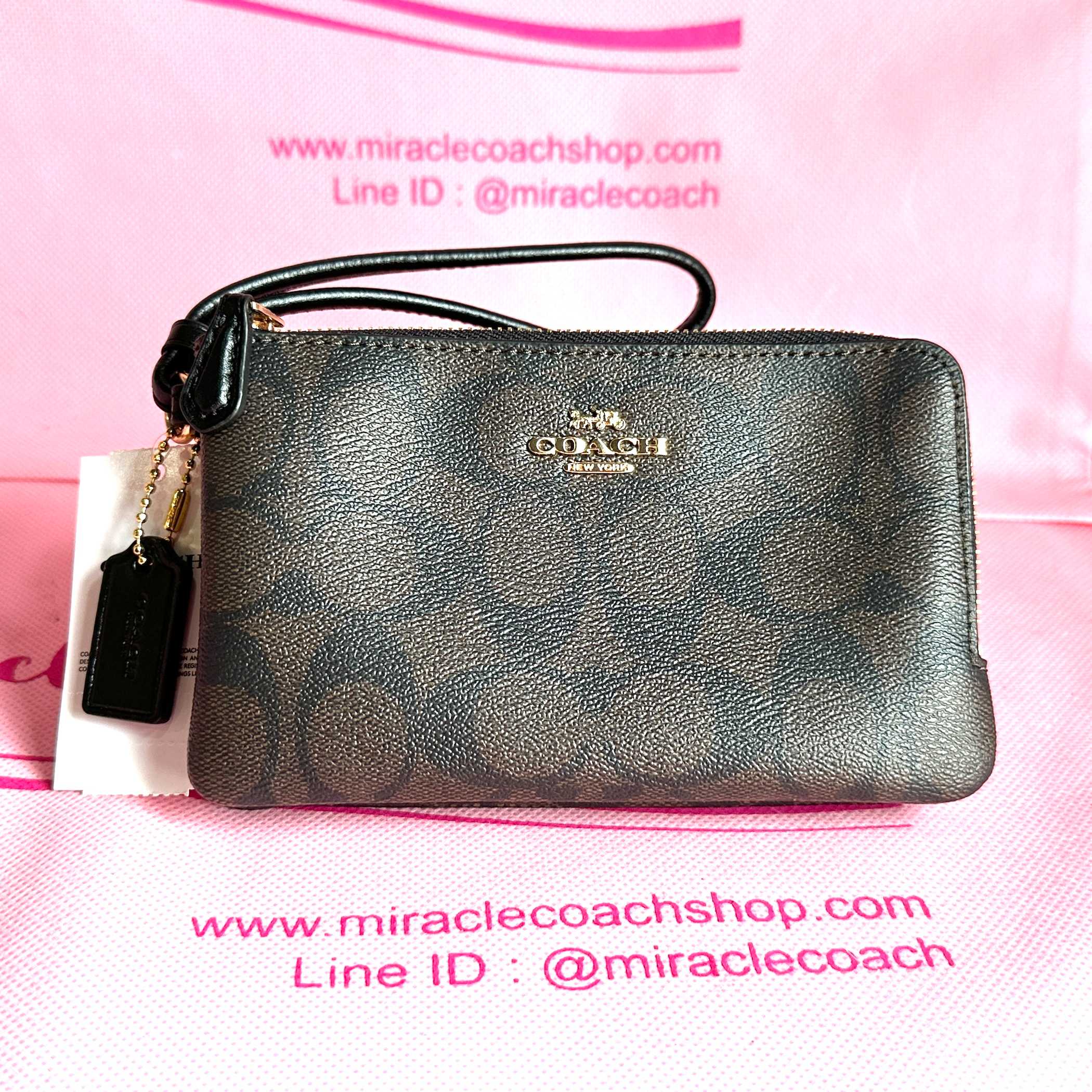กระเป๋าคล้องมือ COACH แท้ 2 ซิป COACH 87591 SMALL DOUBLE CORNER ZIP IN COATED CANVAS Brown