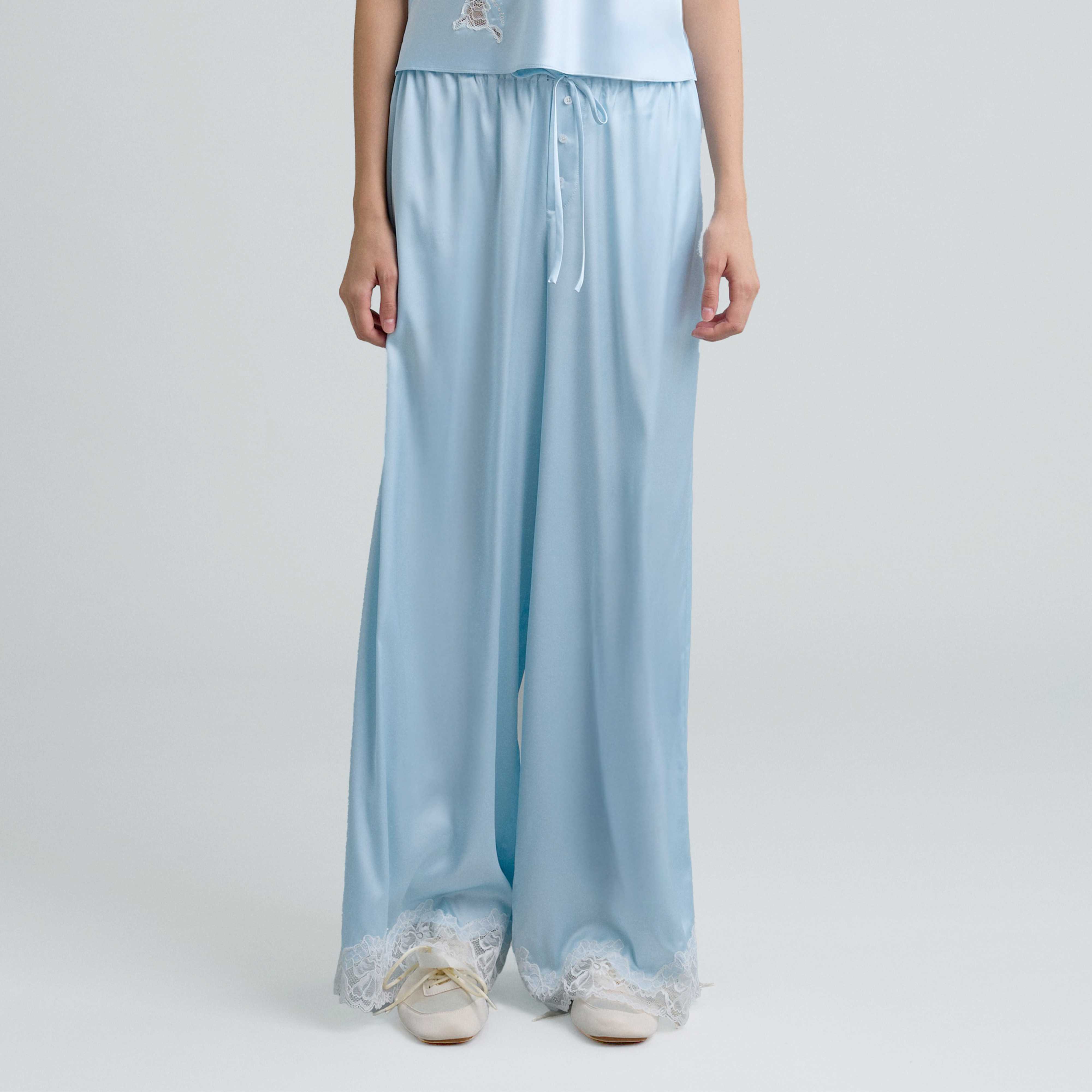 C LACE TRIMMED SATIN PANTS (BLUE)