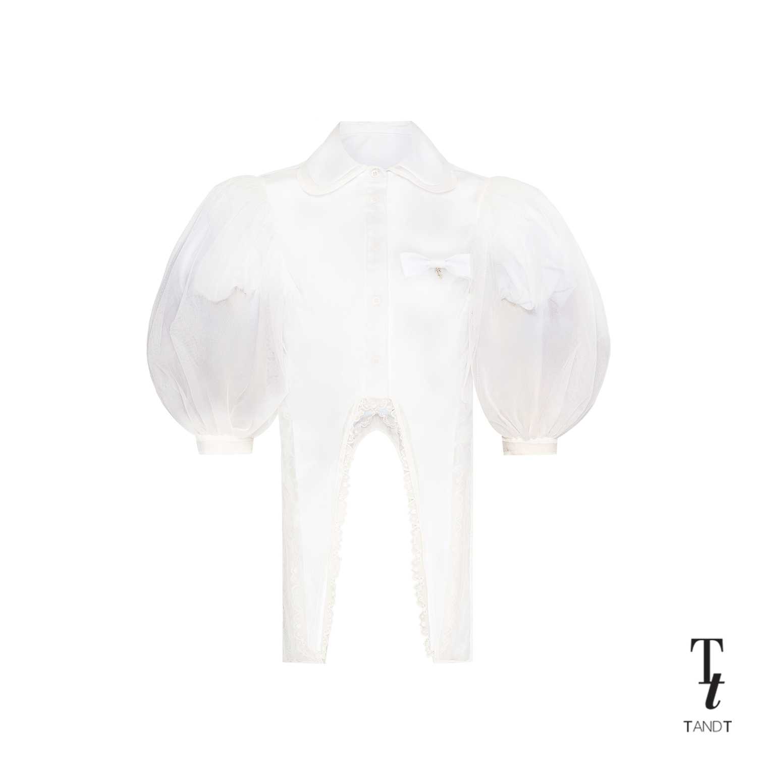 TandT - ELODIE TOP - PUFF SLEEVES LACE TRIMMED HEM DETAILED TULLE COVER UP CROP SHIRT