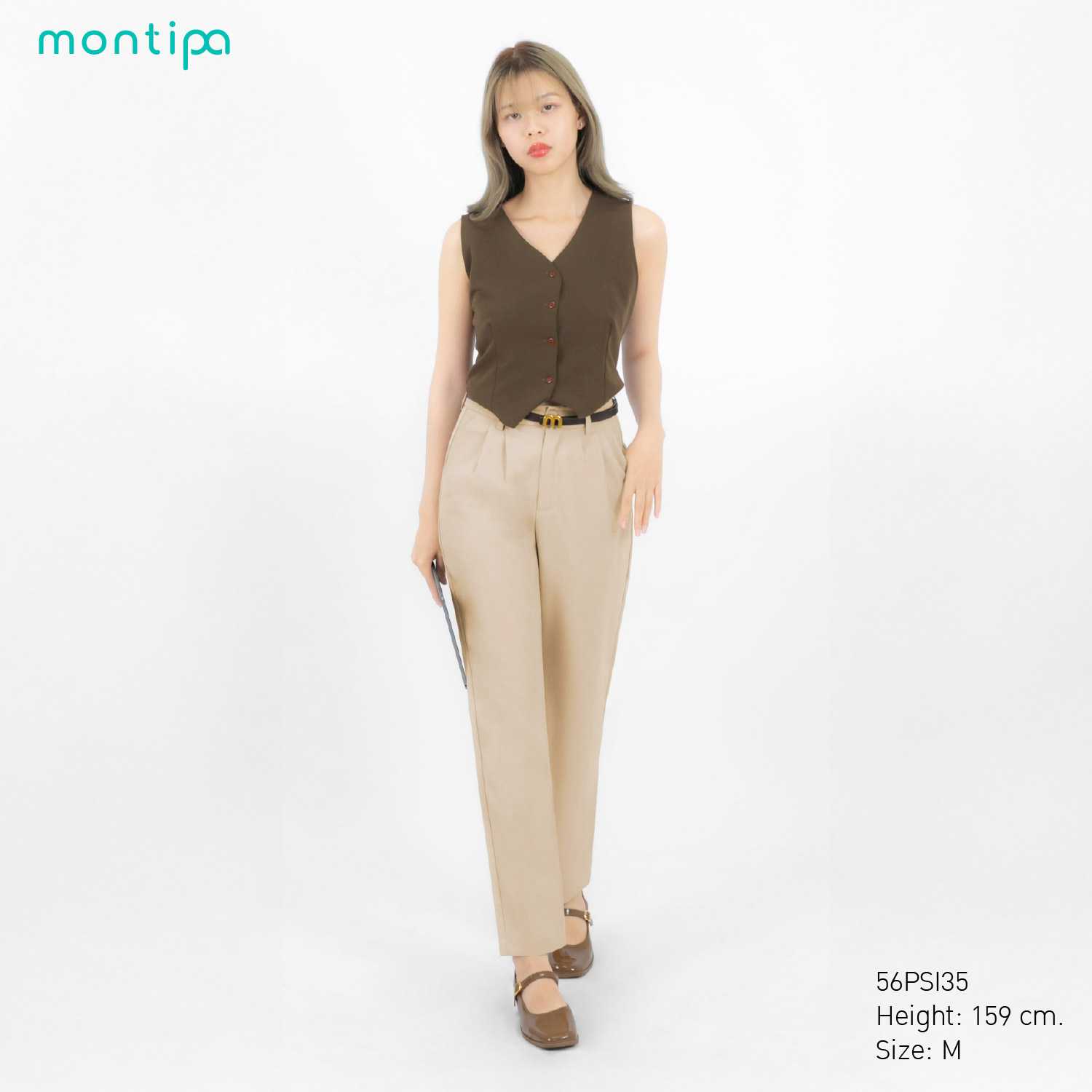 Montipa กางเกงทรงสอบ กระดุมและซิปหน้า แต่งจีบหน้า ผ้า Iron Free 56PSI35