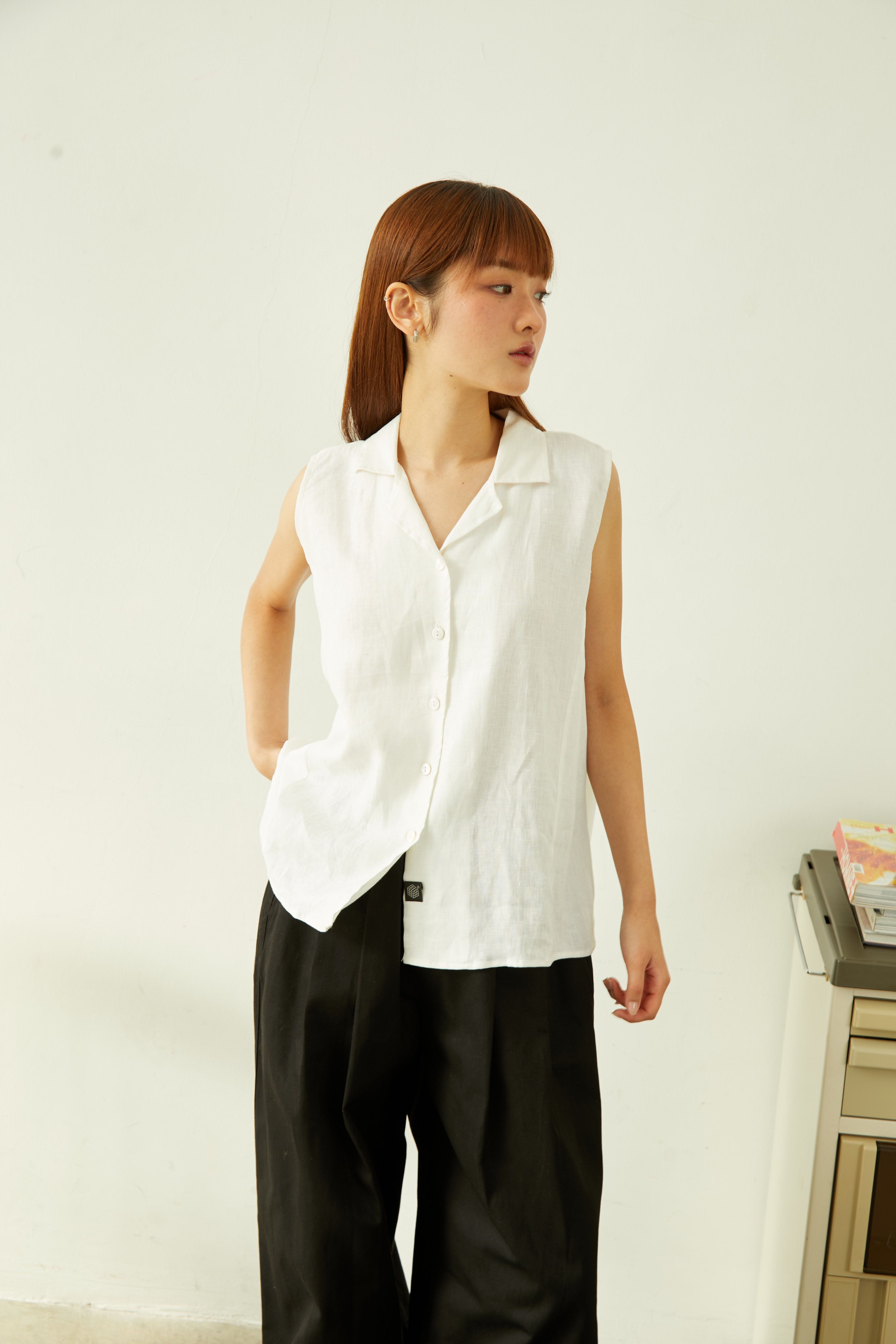เสื้อลินินแขนกุดปกฮาวาย - สีขาว