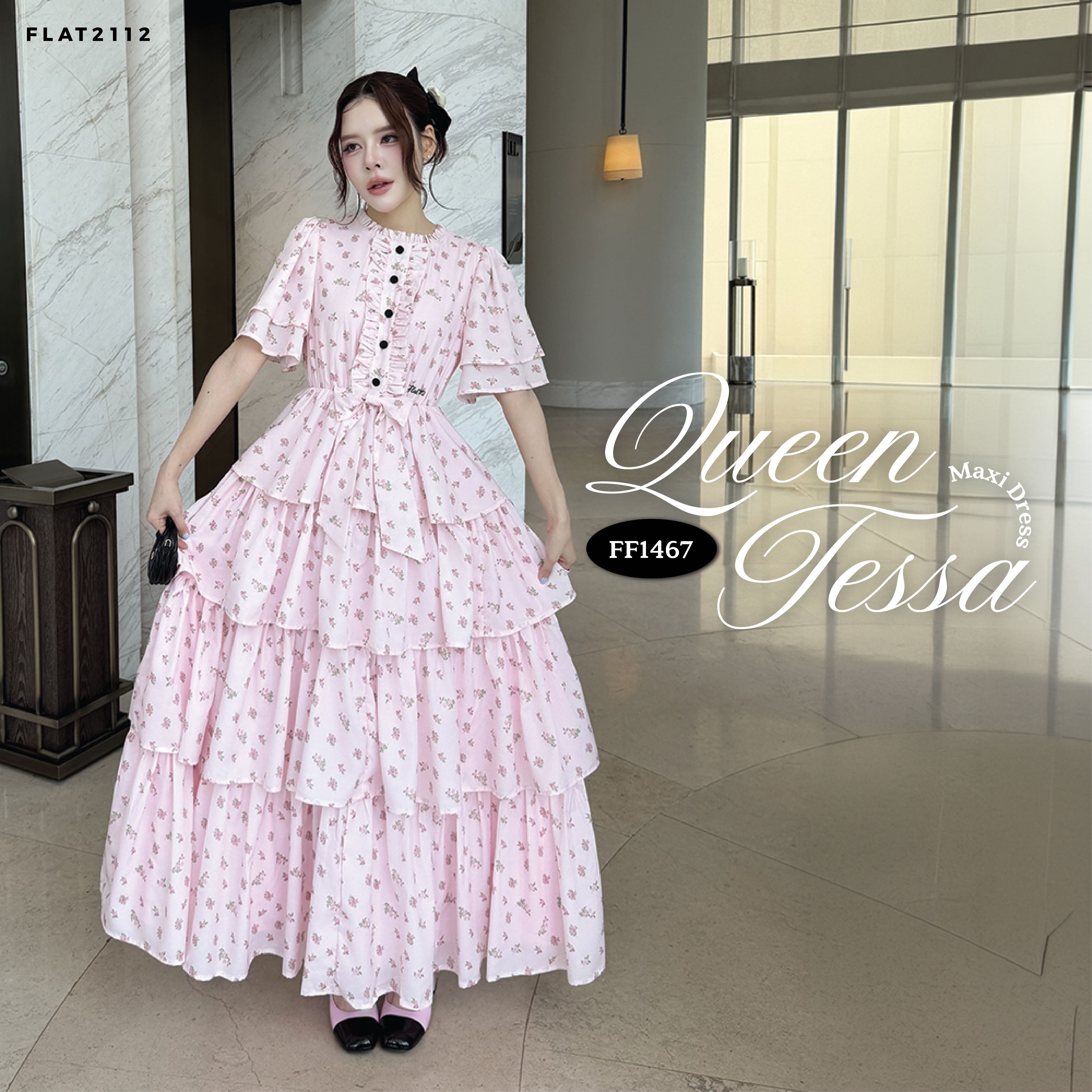 FLAT2112 : QUEEN TESSA MAXI DRESS  เดรสยาวสีชมพูระบายหลายชั้น เดรสลายดอกไม้ชมพู (FF1467)