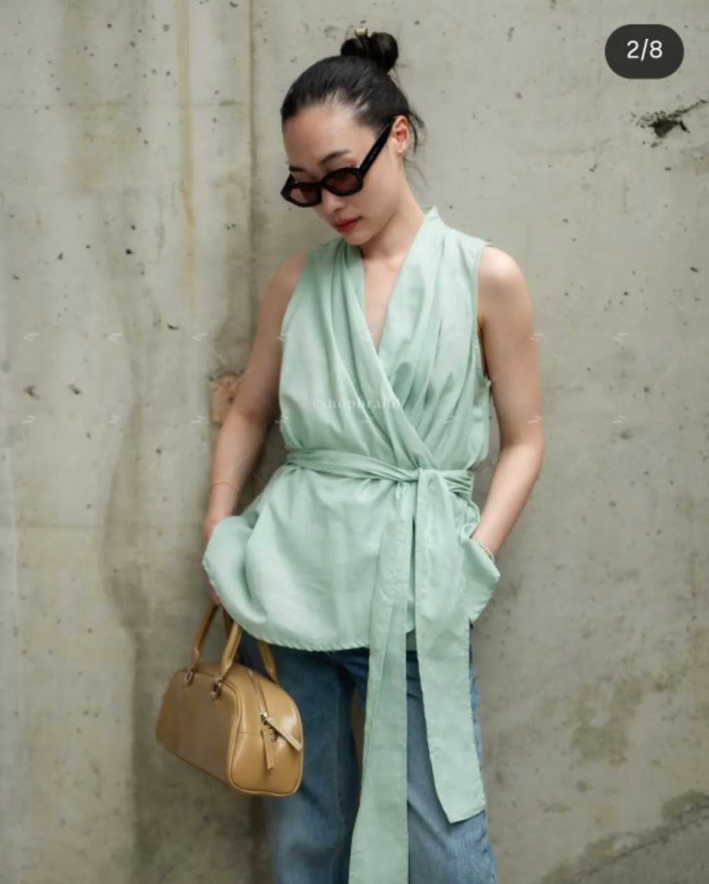 เสื้อแขนกุดผ้าลินิน อกไขว้ ผูกเอว