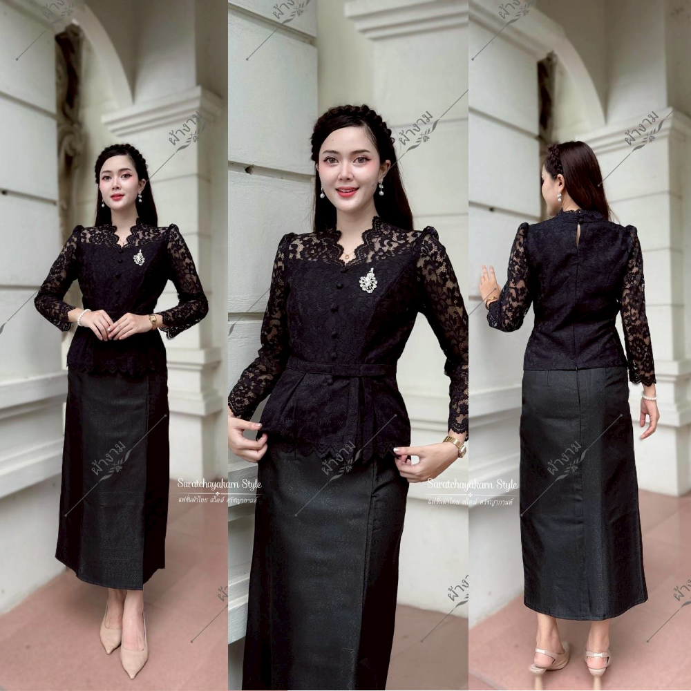 ผ้าถุงสำเร็จ ผ้าถุงผ้าไหมเทียมทอลาย สีดำ ลายไทยสวยมาก งานป้ายสำเร็จซิปหลัง อัดกาว