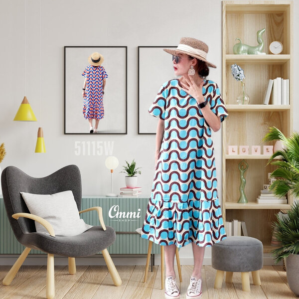 Ommishop 51115W ชุดเดรสแฟชั่น คอวี แต่งชายระบาย ลายคลื่น Cotton Japan 100% (Bonus)[51115]