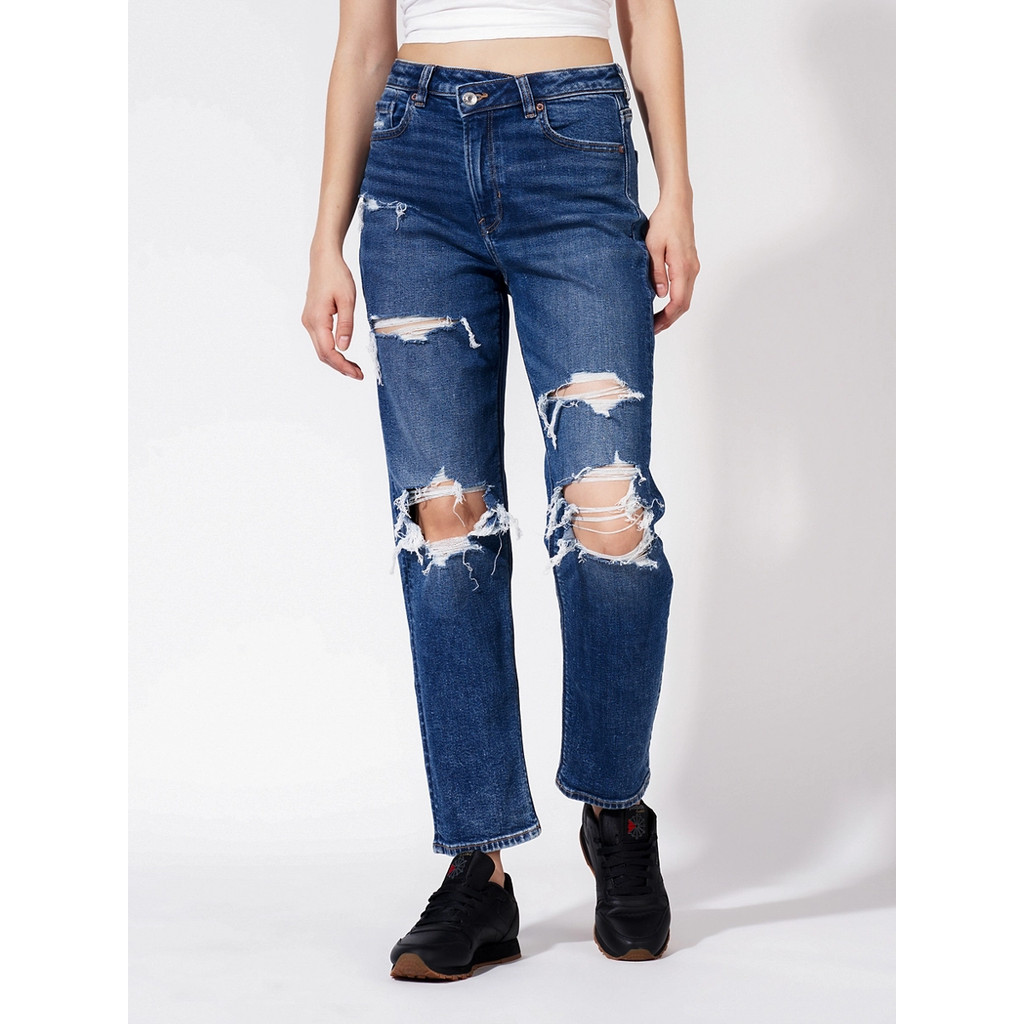 American Eagle กางเกงยีนส์ผู้หญิง MOM STRAIGHT JEANS - ASYM WAISTBAND สี NAVY BLUE - 043-4023-487