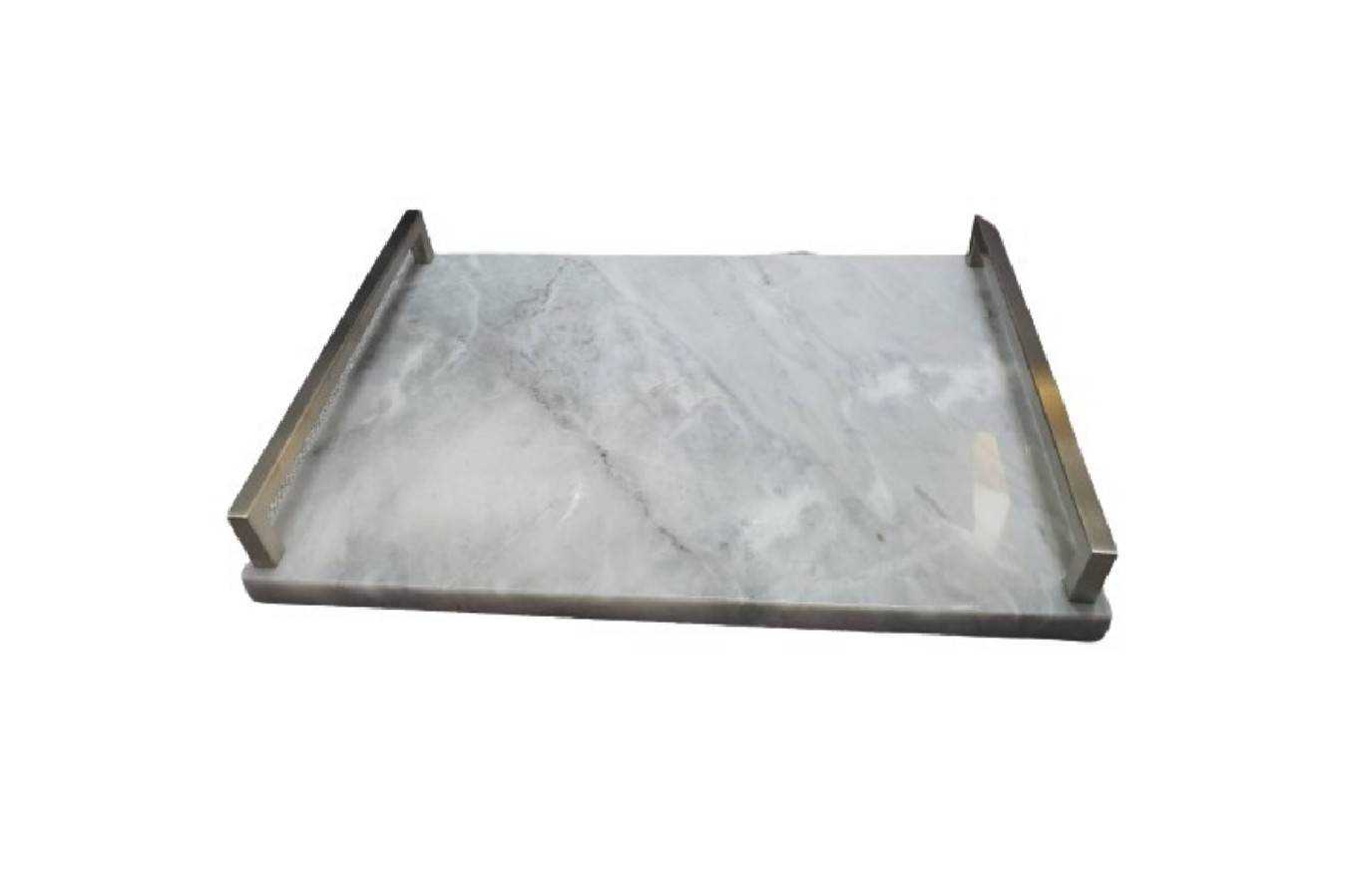 Tray with Stainless Handle, Marble, White, L