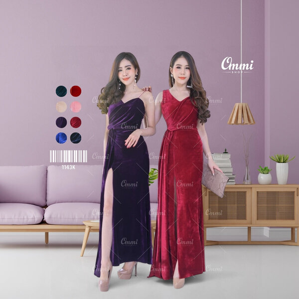 Ommishop ชุดราตรี 1143K ไหล่เดี่ยว อกหัวใจ ผ้ากำมะหยี่ เดรสออกงาน ชุดงานแต่ง เพื่อนเจ้าสาว