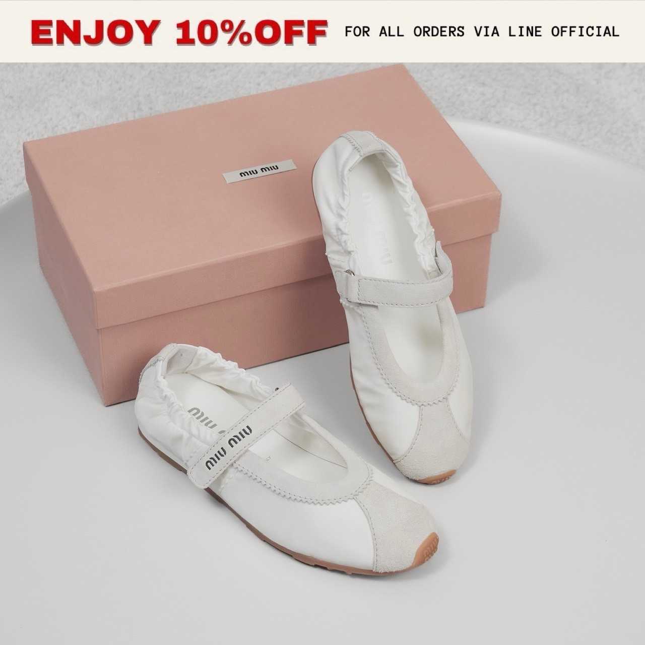 NEW! MIUMIU Plume Technical Fabric And Suede Ballerinas สี White | Shoes