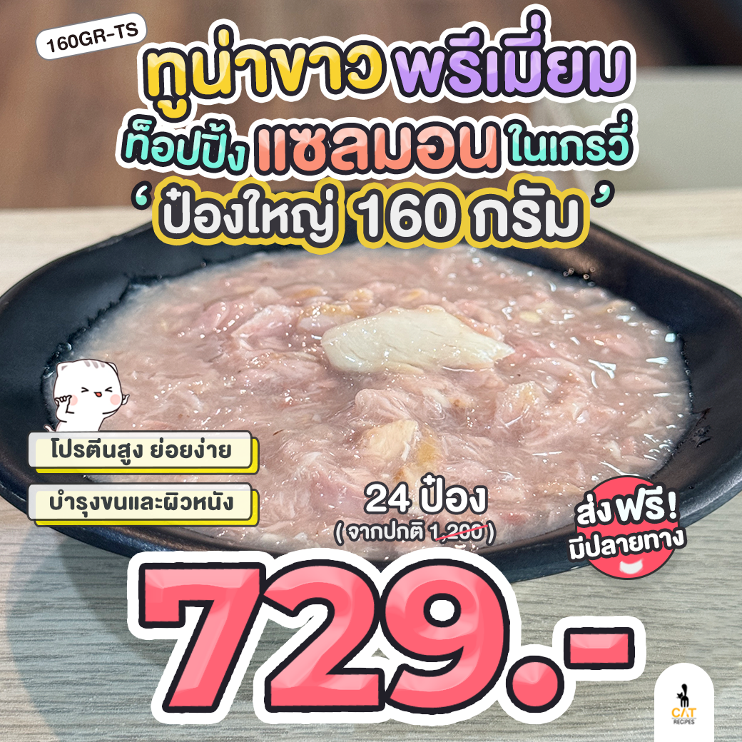 🎉 มาใหม่ ส่งฟรี 160G ทูน่าขาวเกรดพรีเมี่ยมท็อปปิ้งแซลมอนในเกรวี่ ยกลัง 24 กระป๋อง ส่งฟรี