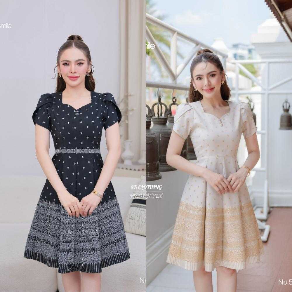 ชุดเดรสผ้าไทย เนื้อผ้าไหมเชิงทองทอลาย ลายทองนูน คอหัวใจ แขนกลีบบัว กระโปรงทรงย้วย 8 ชิ้น สวยแพงมาก