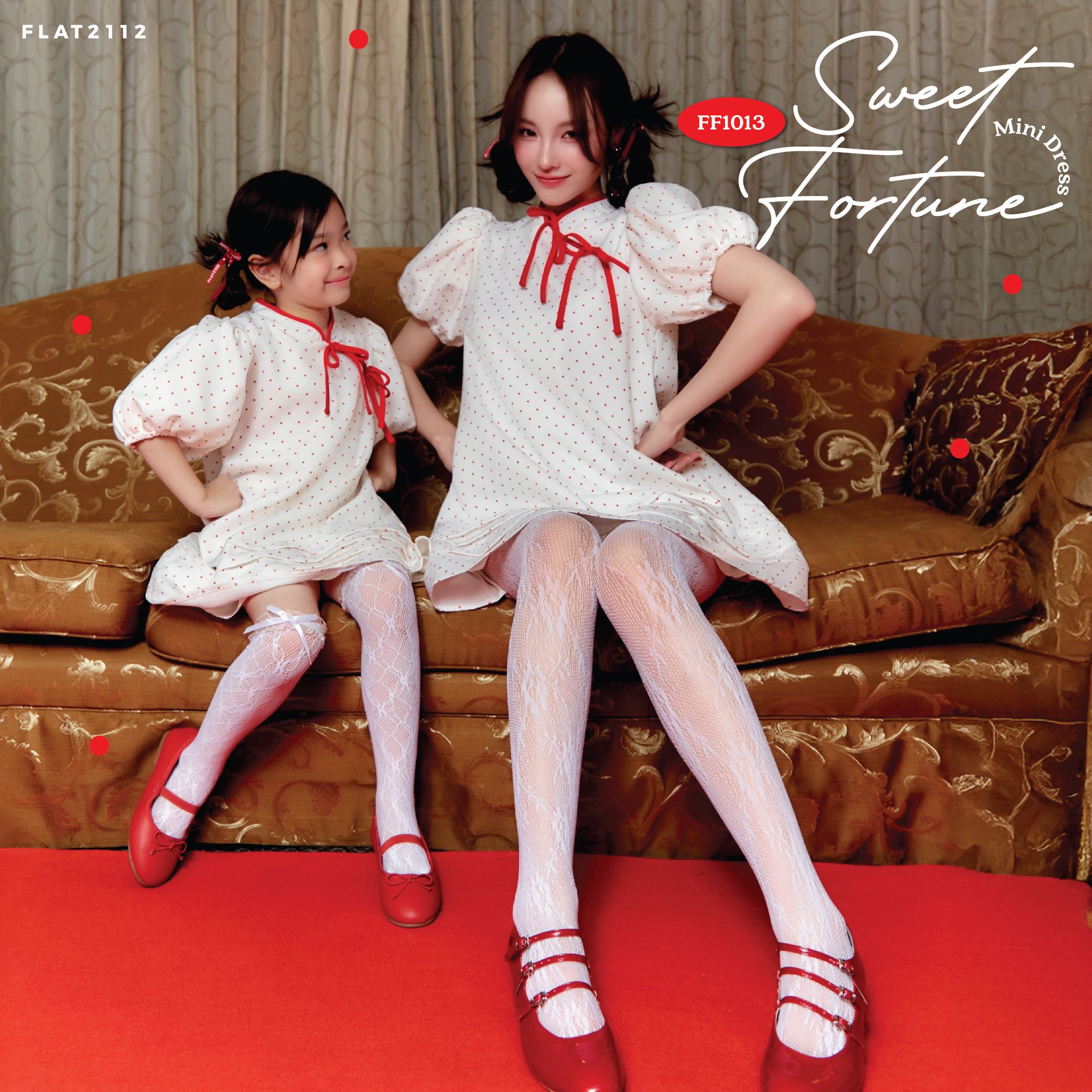 FLAT2112 FF1013 : SWEET FORTUNE MINI DRESS มินิเดรสคอจีนลายจุด เดรสแขนตุ๊กตา ชุดจีน