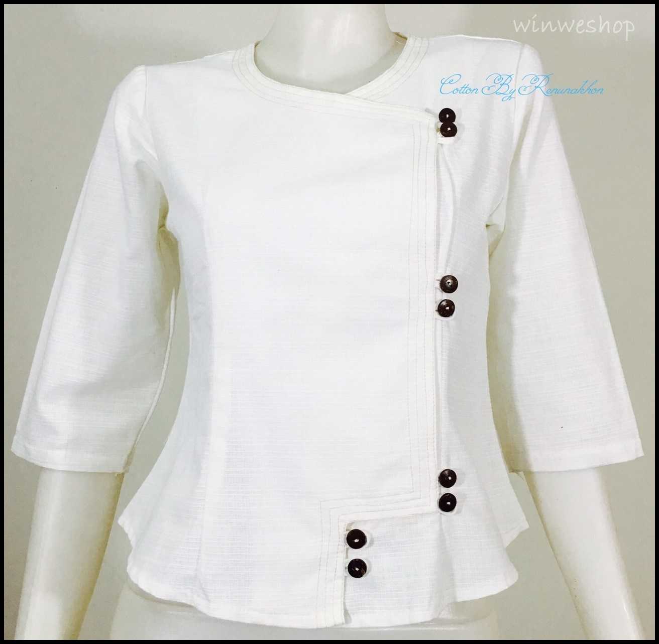 เสื้อผ้าฝ้ายผู้หญิง-คอกลม-สีขาว