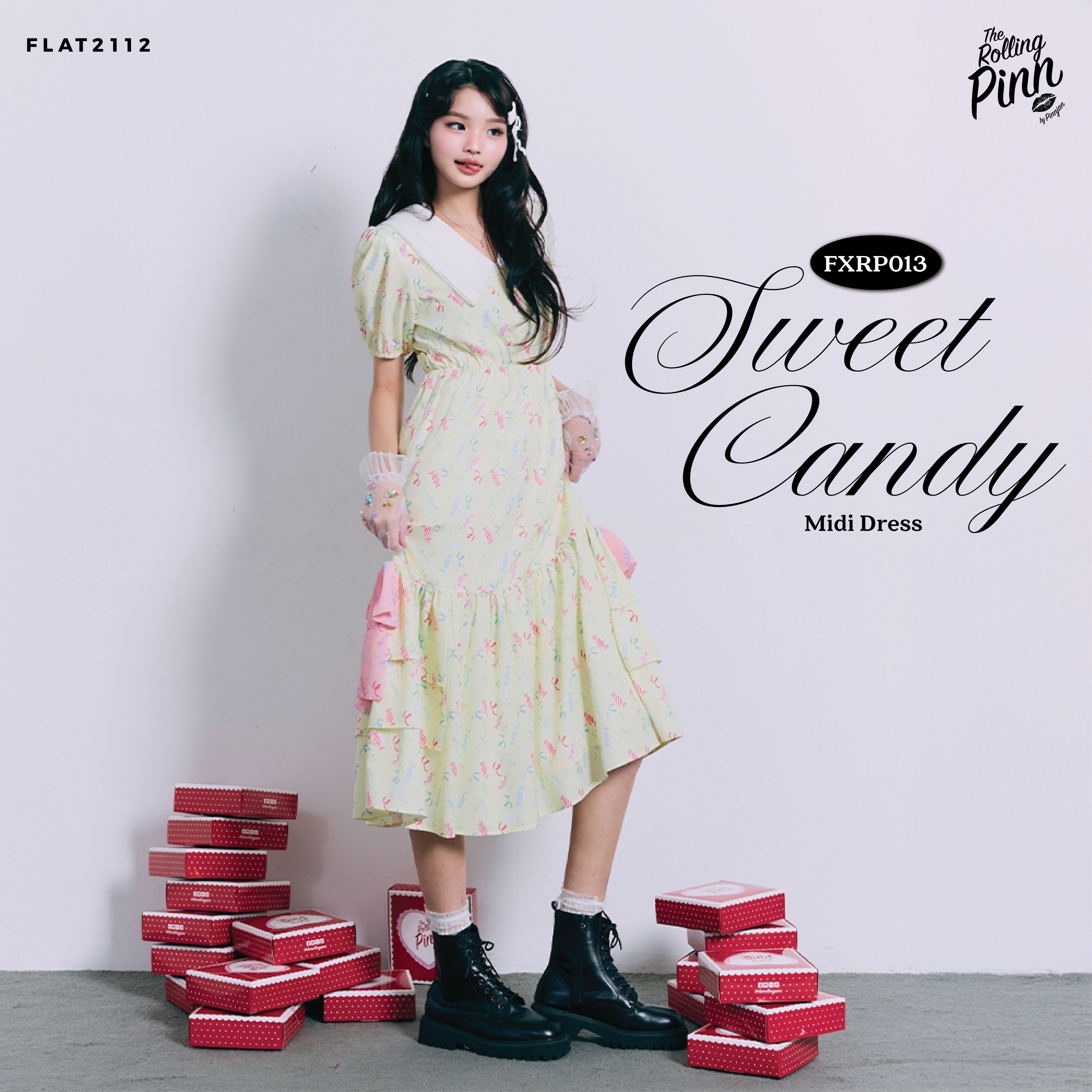 FLAT2112 : SWEET CANDY MIDI DRESS เดรสยาวสีเขียวอ่อนพาสเทล เดรสลายดอก เดรสหวาน (FXRP013)