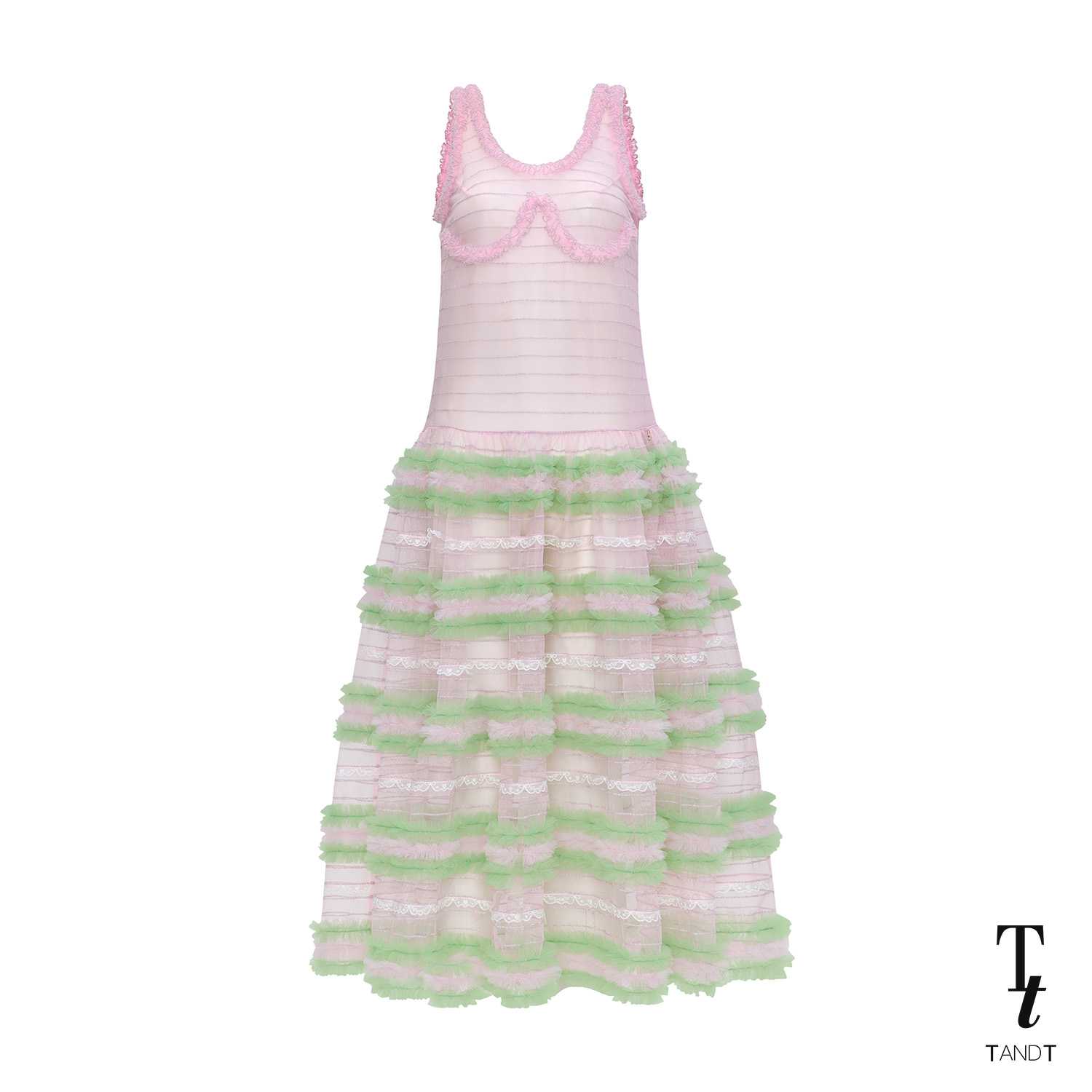 TandT - ALINA DRESS - SLEEVELESS LOW WAIST DOUBLE LAYER RUFFLED HORIZONTAL STRIPE TULLE MAXI DRESS