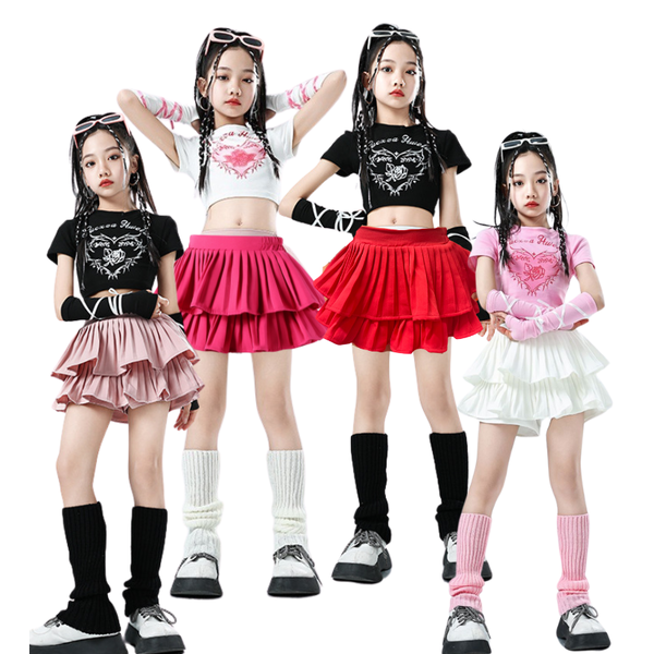 พร้อมส่ง ชุดเต้น เสื้อครอป แขนสั้น สกรีนลายหัวใจ+ถุงมือถักริบบิ้น
