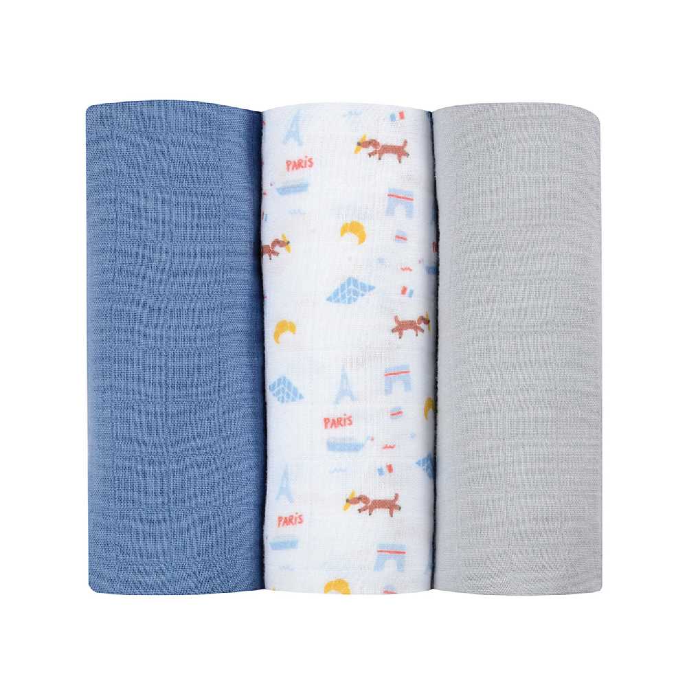 BEABA ผ้าอ้อมเอนกประสงค์ Pack of 3 Muslins Organic Cotton - Paris Blue
