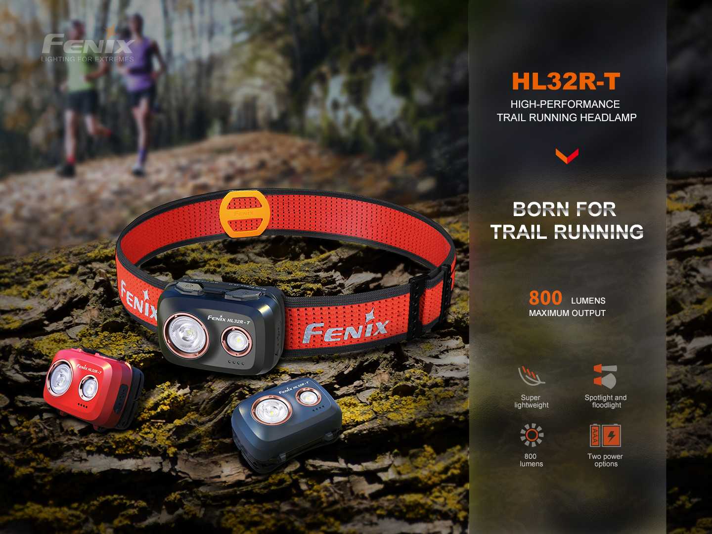 ไฟฉายคาดหัวสำหรับวิ่งTRAIL FENIX HL32R-T เล็ก เบา สว่าง 800 lm แบตLiPo ชาร์จ Type C สำรองถ่านAAA ได้