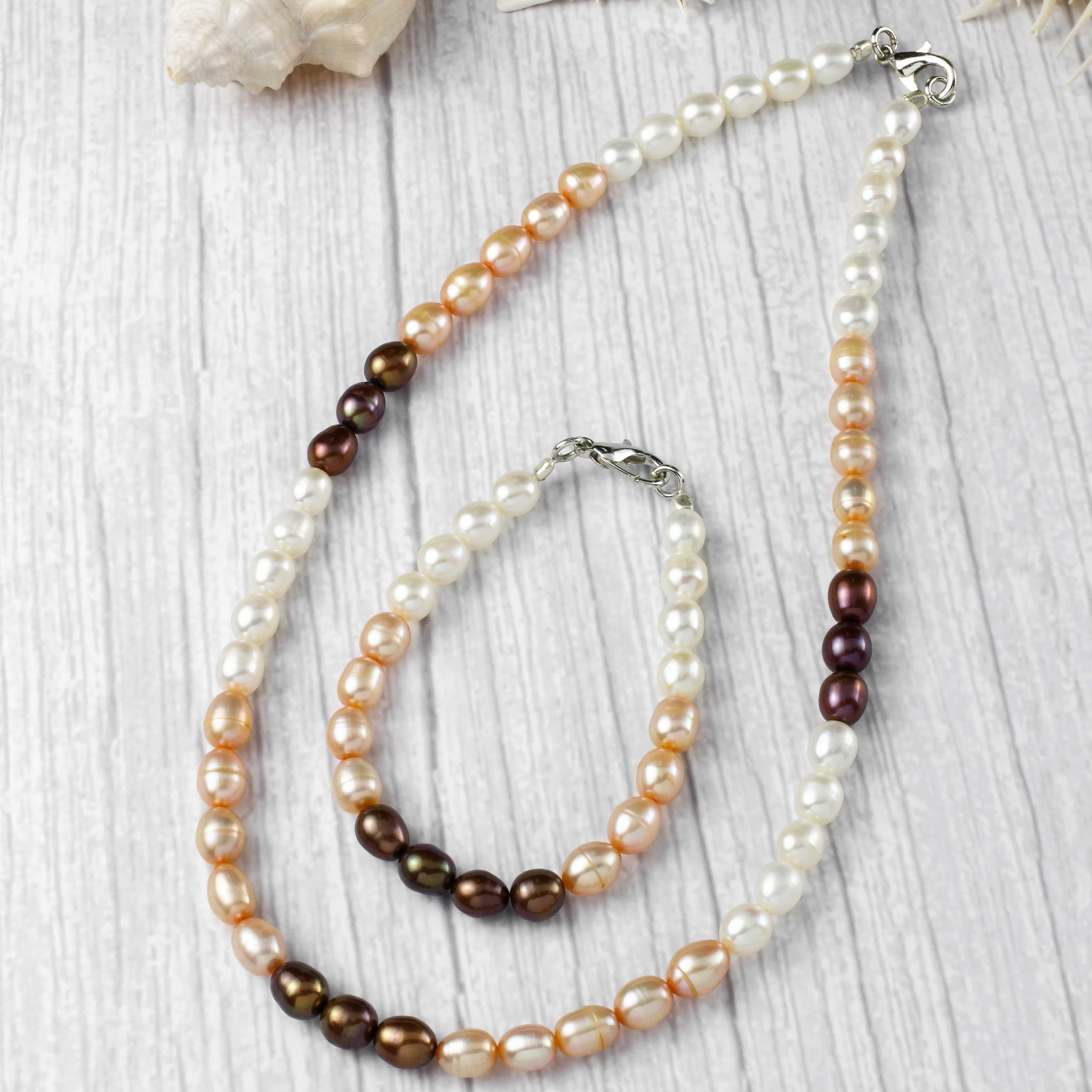 สร้อยคอไข่มุกแท้ FW04 | สร้อยข้อมือไข่มุกแท้ BL27 สีน้ำตาล-ส้มอ่อน-ขาว
