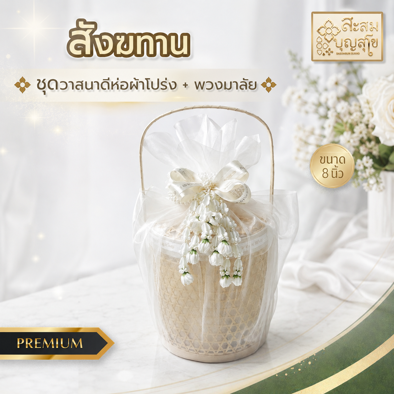 สังฆทานวาสนาดี ห่อผ้าโปร่ง พวงมาลัย 8 นิ้ว