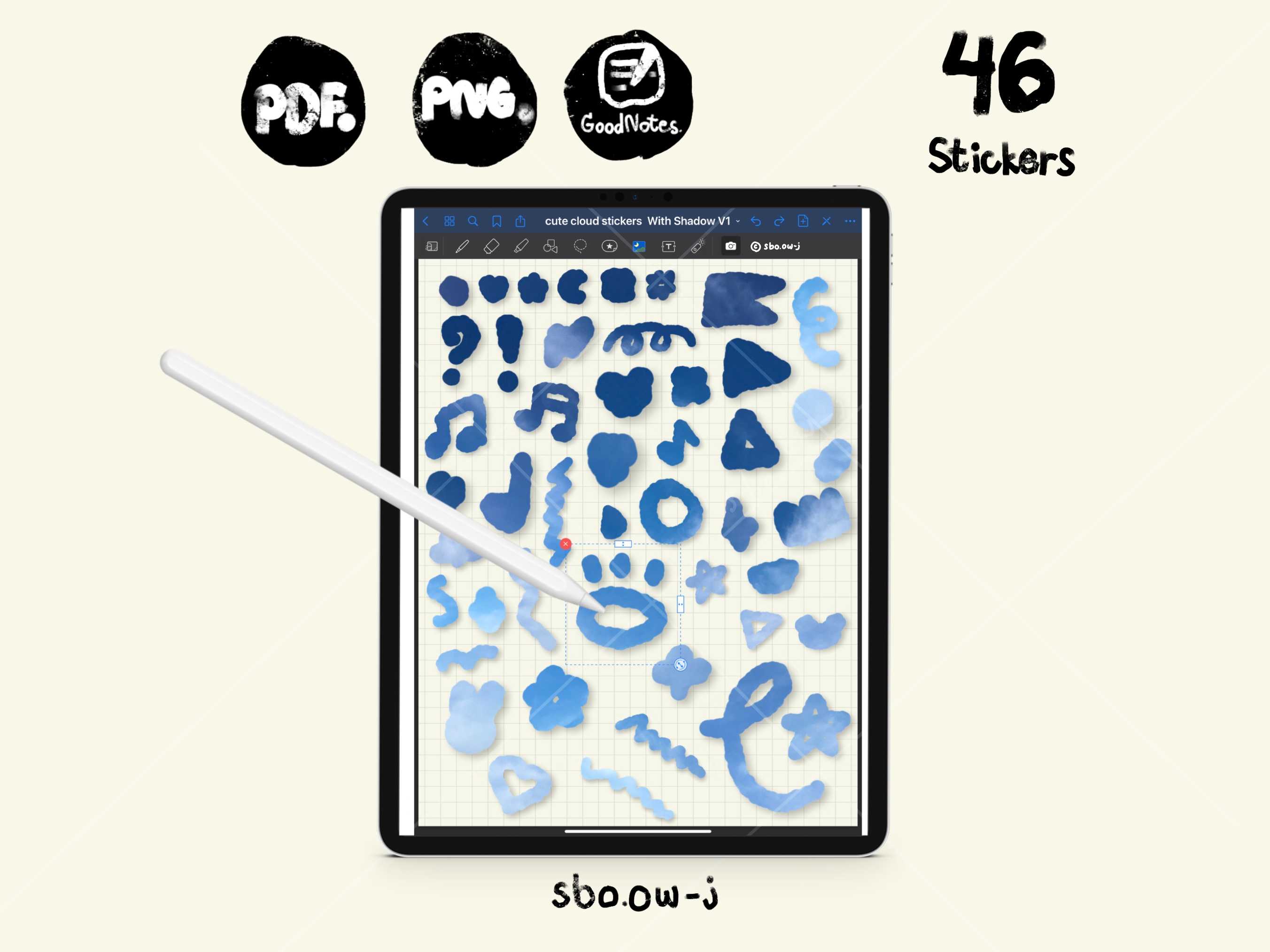46ชิ้น สติ๊กเกอร์น้องก้อนเมฆสีฟ้าธรรมชาติ GOODNOTES,Keynote,Planner /สติ๊กเกอร์ดิจิตอล