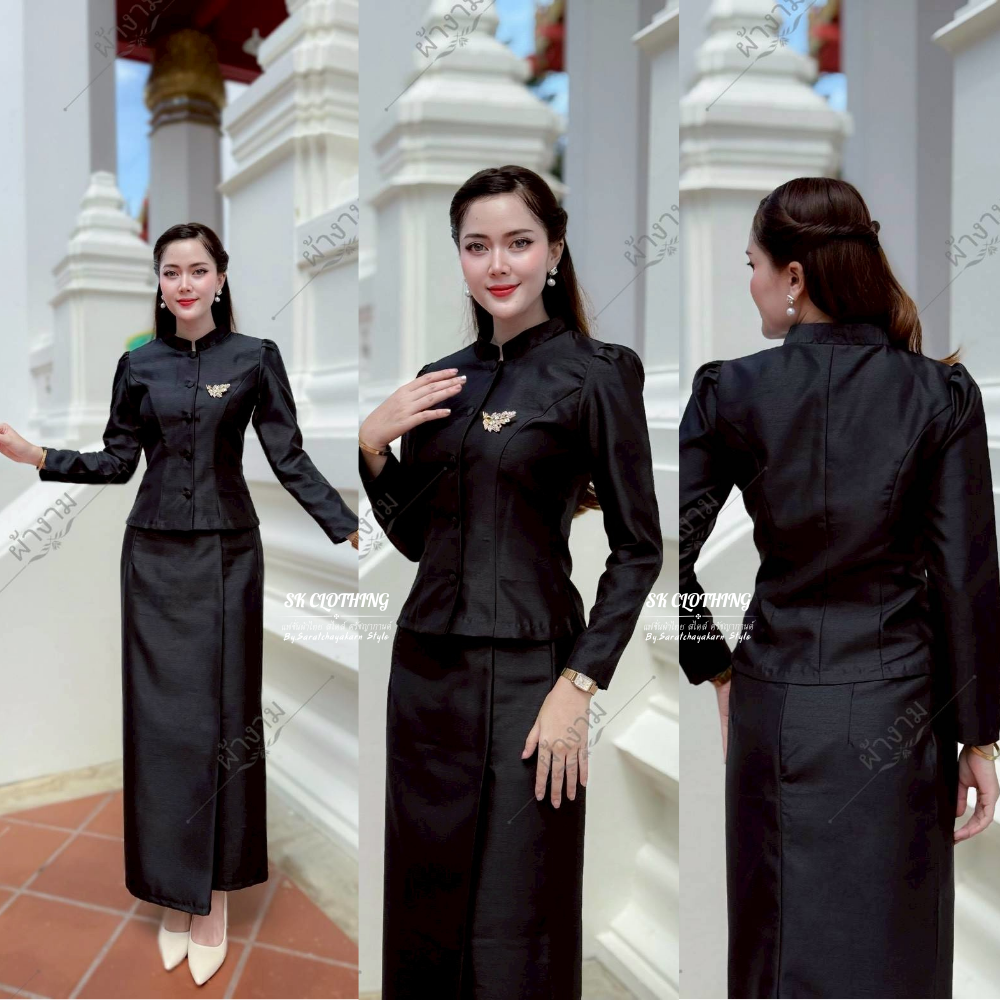 ✨ผ้าถุงสำเร็จ ผ้าไหมสี่เส้น สีดำ🖤 ผ้าถุงสำเร็จแบบป้ายซิปหลัง มี SIZE S-3XL อัดกาว สวยมาก