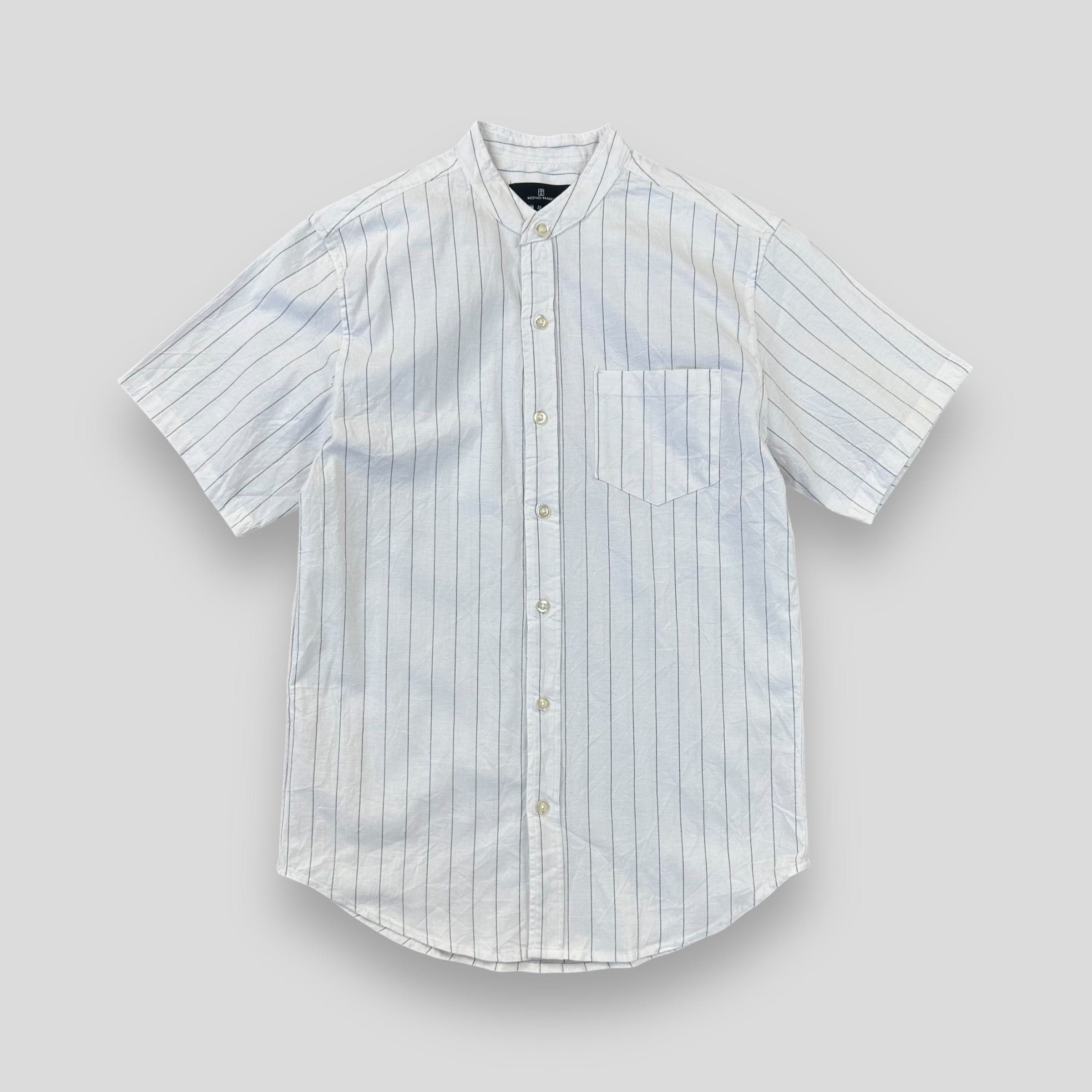 MONO MART LINEN BLEND STAND COLLAR POCKET SHORT SLEEVE POCKET SHIRT 