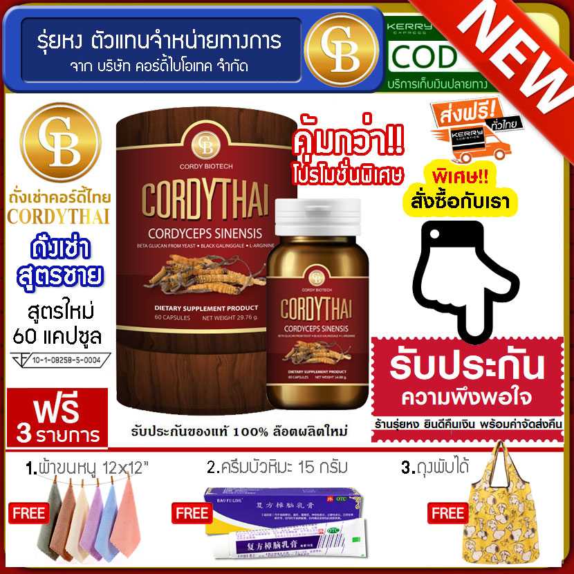 Cordythai ถั่งเช่าคอร์ดี้ไทย สูตรชาย 1กระปุก (60 แคปซูล) ฟรี ผ้าขนหนูเล็ก ครีมบัวหิมะ ถุงพับได้