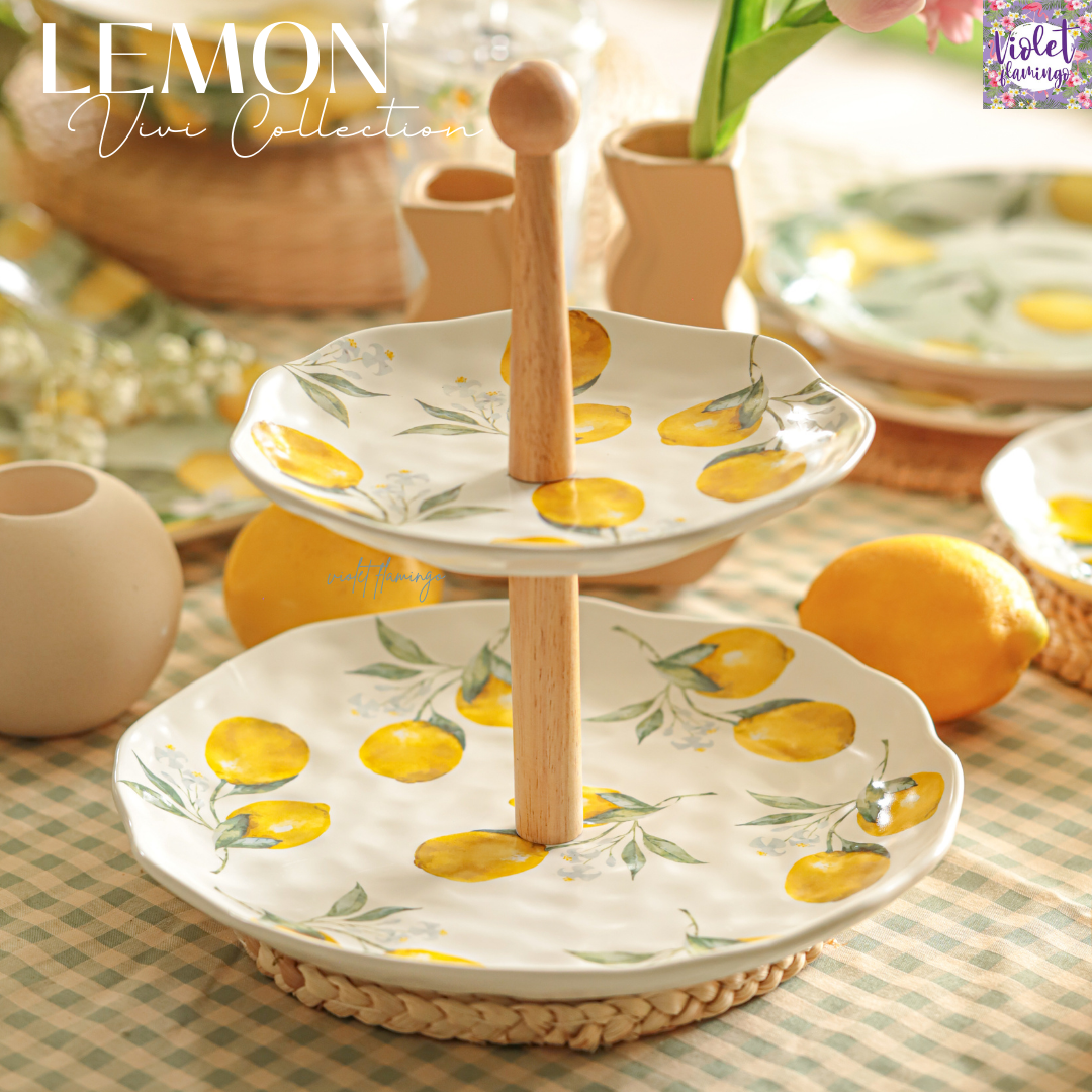 Lemon Vivi Cake Stand จาน 2 ชั้นก้านไม้ จานลายเลมอน รุ่นเลมอนวีวี่