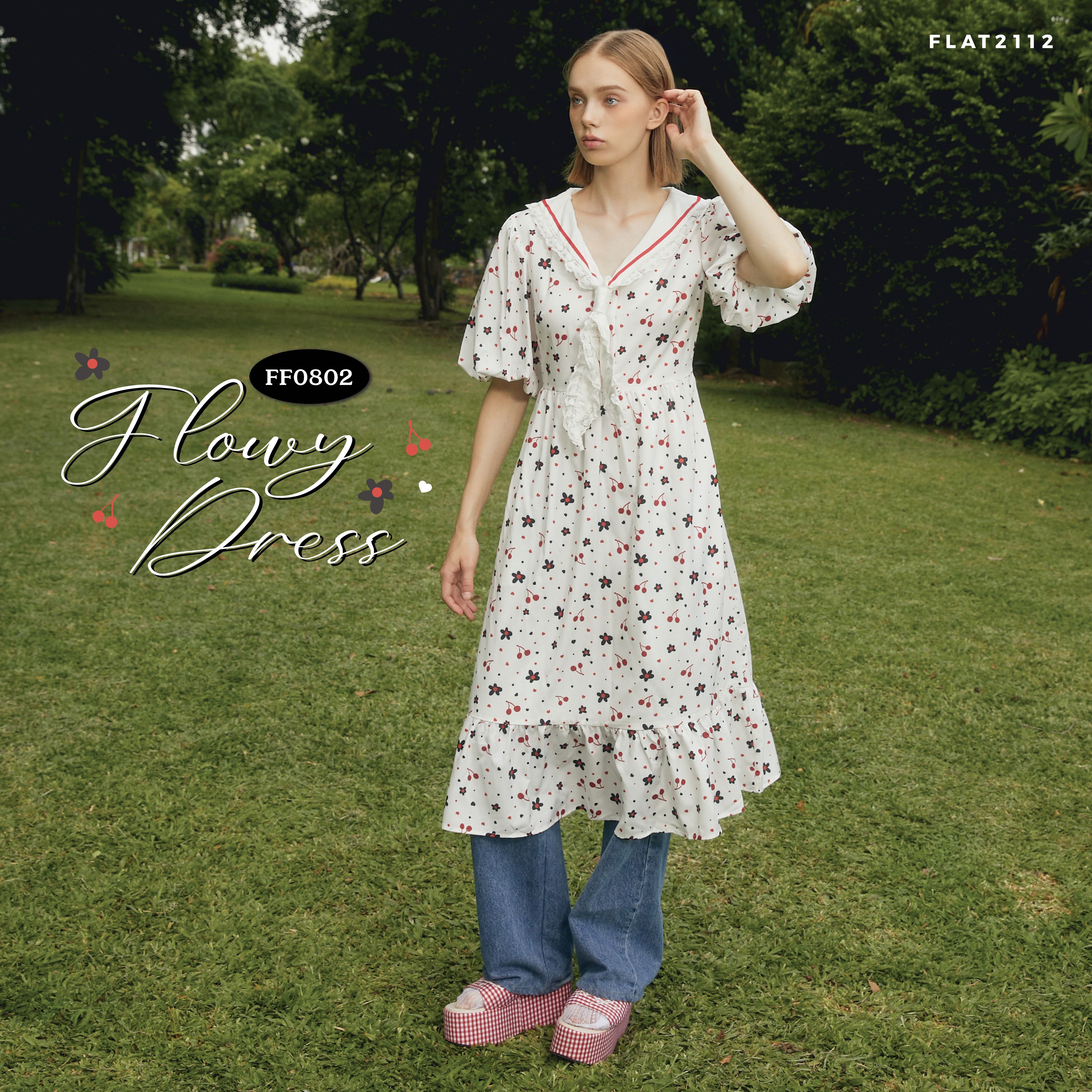 FLAT2112 FF0802 : FLOWY DRESS เดรสยาวออกงาน แขนพองทรงตุ๊กตา ปกผูกด้านหน้า