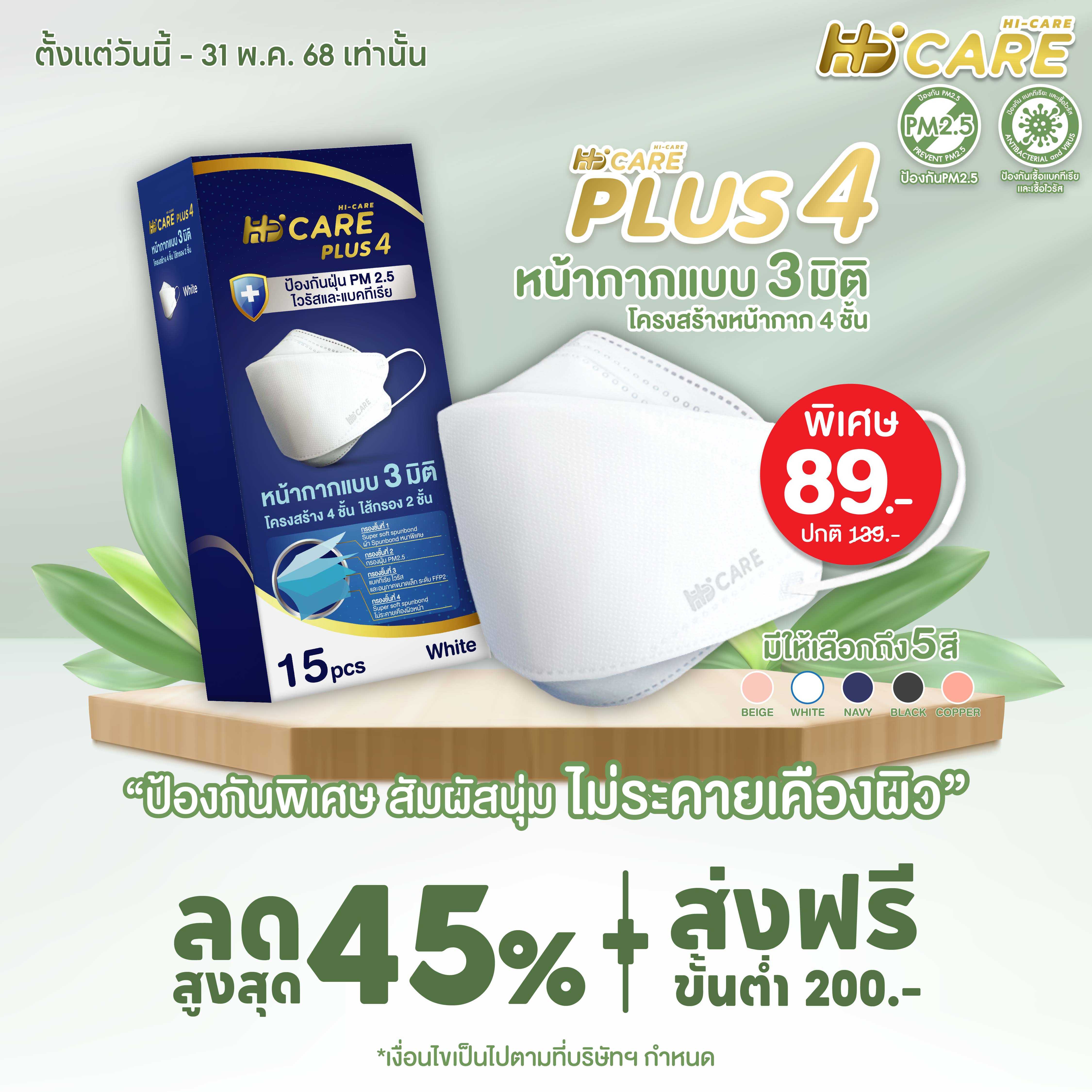 Hi-Care PLUS4 (สีขาว 15 ชิ้น)หน้ากาก 3 มิติ หน้ากากอนามัยหนาพิเศษ แผ่นกรอง 4 ชั้น ชนิดคล้องหู